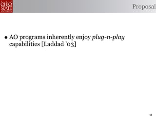 Proposal




• AO programs inherently enjoy plug-n-play
 capabilities [Laddad ’03]




                                                  58
 