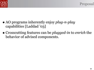 Proposal




• AO programs inherently enjoy plug-n-play
 capabilities [Laddad ’03]
• Crosscutting features can be plugged-in to enrich the
 behavior of advised components.




                                                      58
 