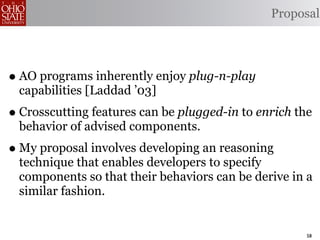Proposal




• AO programs inherently enjoy plug-n-play
 capabilities [Laddad ’03]
• Crosscutting features can be plugged-in to enrich the
 behavior of advised components.
• My proposal involves developing an reasoning
 technique that enables developers to specify
 components so that their behaviors can be derive in a
 similar fashion.


                                                      58
 