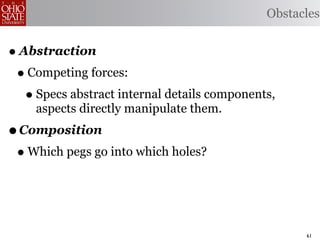 Obstacles


• Abstraction
 • Competing forces:
   • Specs abstract internal details components,
    aspects directly manipulate them.
• Composition
 • Which pegs go into which holes?


                                                    61
 