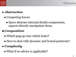 Obstacles


• Abstraction
 • Competing forces:
   • Specs abstract internal details components,
    aspects directly manipulate them.
• Composition
 • Which pegs go into which holes?
 • How to deal with dynamic and lexical pointcuts?
• Complexity
 • What if no advice is applicable?
                                                     61
 