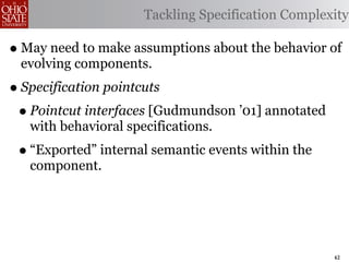 Tackling Specification Complexity

• May need to make assumptions about the behavior of
 evolving components.
• Specification pointcuts
 • Pointcut interfaces [Gudmundson ’01] annotated
   with behavioral specifications.
 • “Exported” internal semantic events within the
   component.




                                                    62
 