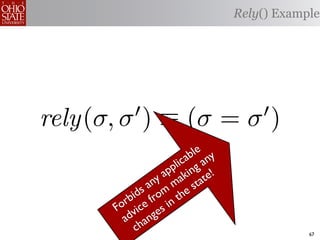 Rely() Example




rely(σ, σ ) ≡ (σ = σ )
                                     

                           le y
                         ab an
                      lic g
                   pp kin e!
                 a a
               ny m stat
            s a om he
          id fr
        rb e          t
       o ic
      F v          in
         d ang  es
        a
          ch                                  67
 