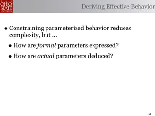 Deriving Effective Behavior


• Constraining parameterized behavior reduces
 complexity, but ...
 • How are formal parameters expressed?
 • How are actual parameters deduced?




                                                   68
 