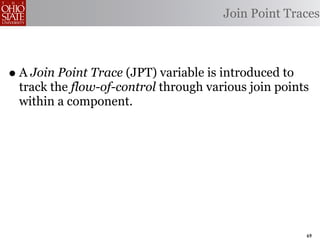 Join Point Traces



• A Join Point Trace (JPT) variable is introduced to
 track the flow-of-control through various join points
 within a component.




                                                       69
 