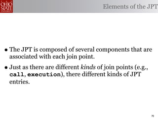 Elements of the JPT




• The JPT is composed of several components that are
  associated with each join point.
• Just as there are different kinds of join points (e.g.,
  call, execution), there different kinds of JPT
  entries.




                                                            70
 