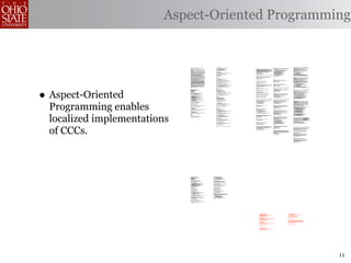 Aspect-Oriented Programming


                                /*                                                                                      public void invalidate() {                                                             ;                                                                                                                                                                                        * Remove the object bound with the specified name from this session. If
                                 * ====================================================================                         serverSession.removeApplicationSession(context);                                                                                                                         /**                                                                                                 * the session does not have an object bound with this name, this method
                                 *                                                                                                                                                                                                                                                                        * Perform the internal processing required to invalidate this session,                             * does nothing.
                                 * The Apache Software License, Version 1.1                                                              // remove everything in the session                                   /**                                                                                        * without triggering an exception if the session has already expired.                              * <p>
                                 *                                                                                                                                                                              * Standard implementation of the <b>Session</b> interface. This object is                 */                                                                                                 * After this method executes, and if the object implements
                                 * Copyright (c) 1999 The Apache Software Foundation. All rights                                         Enumeration enum = values.keys();                                      * serializable, so that it can be stored in persistent storage or transferred            public void expire() {                                                                              * <code>HttpSessionBindingListener</code>, the container calls
                                 * reserved.                                                                                             while (enum.hasMoreElements()) {                                       * to a different JVM for distributable session support.                                                                                                                                      * <code>valueUnbound()</code> on the object.
                                 *                                                                                                           String name = (String)enum.nextElement();                          * <p>                                                                                          // Remove this session from our manager's active sessions                                     *
                                 * Redistribution and use in source and binary forms, with or without                                        removeValue(name);                                                 * <b>IMPLEMENTATION NOTE</b>: An instance of this class represents both the                    if ((manager != null) && (manager instanceof ManagerBase))                                    * @param name Name of the object to remove from this session.
                                 * modification, are permitted provided that the following conditions                                    }                                                                      * internal (Session) and application level (HttpSession) view of the session.                      ((ManagerBase) manager).remove(this);                                                     *
                                 * are met:                                                                                                                                                                     * However, because the class itself is not declared public, Java logic outside                                                                                                               * @exception IllegalStateException if this method is called on an
                                 *                                                                                                       valid = false;                                                         * of the <code>org.apache.tomcat.session</code> package cannot cast an                         // Unbind any objects associated with this session                                            * invalidated session
                                 * 1. Redistributions of source code must retain the above copyright                              }                                                                             * HttpSession view of this instance back to a Session view.                                    Vector results = new Vector();                                                                */
                                 *    notice, this list of conditions and the following disclaimer.                                                                                                             *                                                                                              Enumeration attrs = getAttributeNames();                                                     public void removeAttribute(String name) {
                                 *                                                                                                public boolean isNew() {                                                      * @author Craig R. McClanahan                                                                  while (attrs.hasMoreElements()) {
                                 * 2. Redistributions in binary form must reproduce the above copyright                               if (! valid) {                                                            * @version $Revision: 1.2 $ $Date: 2000/05/15 17:54:10 $                                           String attr = (String) attrs.nextElement();                                                  synchronized (attributes) {
                                 *    notice, this list of conditions and the following disclaimer in                                     String msg = sm.getString("applicationSession.session.ise");          */                                                                                                 results.addElement(attr);                                                                        Object object = attributes.get(name);
                                 *    the documentation and/or other materials provided with the                                                                                                                                                                                                               }                                                                                                    if (object == null)
                                 *    distribution.                                                                                          throw new IllegalStateException(msg);                             final class StandardSession                                                                     Enumeration names = results.elements();                                                                  return;
                                 *                                                                                                       }                                                                         implements HttpSession, Session {                                                           while (names.hasMoreElements()) {                                                                    attributes.remove(name);
                                 * 3. The end-user documentation included with the redistribution, if                                                                                                                                                                                                              String name = (String) names.nextElement();                                                      //      System.out.println( "Removing attribute " + name );
                                 *    any, must include the following acknowledgment:                                                    if (thisAccessTime == creationTime) {                                                                                                                                     removeAttribute(name);                                                                           if (object instanceof HttpSessionBindingListener) {
                                 *       "This product includes software developed by the                                                    return true;                                                            // ----------------------------------------------------------- Constructors               }                                                                                                        ((HttpSessionBindingListener) object).valueUnbound
                                 *        Apache Software Foundation (http://www.apache.org/)."                                          } else {                                                                                                                                                                                                                                                                           (new HttpSessionBindingEvent((HttpSession) this, name));
                                 *    Alternately, this acknowledgment may appear in the software                                            return false;                                                                                                                                                     // Mark this session as invalid                                                                      }
                                itself,                                                                                                  }                                                                           /**                                                                                       setValid(false);                                                                                 }
                                 *    if and wherever such third-party acknowledgments normally appear.                           }                                                                                   * Construct a new Session associated with the specified Manager.
                                 *                                                                                                                                                                                    *                                                                                  }                                                                                                  }
                                 * 4. The names "The Jakarta Project", "Tomcat", and "Apache Software                                                                                                                 * @param manager The manager with which this Session is associated
                                 *    Foundation" must not be used to endorse or promote products                       /**                                                                                           */                                                                                                                                                                                * Bind an object to this session, using the specified name. If an object
                                derived                                                                                               * @deprecated                                                                  public StandardSession(Manager manager) {                                           /**                                                                                                 * of the same name is already bound to this session, the object is
                                 *    from this software without prior written permission. For written                                */                                                                                                                                                                                                                                                                     * replaced.
                                 *    permission, please contact apache@apache.org.                                                                                                                                      super();                                                                        }                                                                                                   * <p>
                                 *                                                                                                public void putValue(String name, Object value) {                                      this.manager = manager;                                                                                                                                                             * After this method executes, and if the object implements
                                 * 5. Products derived from this software may not be called "Apache"                                  setAttribute(name, value);                                                                                                                                                                                                                                             * <code>HttpSessionBindingListener</code>, the container calls
                                 *    nor may "Apache" appear in their names without prior written                                }                                                                                  }                                                                                   /**                                                                                                 * <code>valueBound()</code> on the object.
                                 *    permission of the Apache Group.                                                                                                                                                                                                                                     * Set the <code>isNew</code> flag for this session.                                                *
                                 *                                                                                                public void setAttribute(String name, Object value) {                                                                                                                   *                                                                                                  * @param name Name to which the object is bound, cannot be null
                                 * THIS SOFTWARE IS PROVIDED ``AS IS'' AND ANY EXPRESSED OR IMPLIED                                   if (! valid) {                                                           /**                                                                                        * @param isNew The new value for the <code>isNew</code> flag                                       * @param value Object to be bound, cannot be null
                                 * WARRANTIES, INCLUDING, BUT NOT LIMITED TO, THE IMPLIED WARRANTIES                                      String msg = sm.getString("applicationSession.session.ise");                * The last accessed time for this Session.                                          */                                                                                                 *
                                 * OF MERCHANTABILITY AND FITNESS FOR A PARTICULAR PURPOSE ARE                                                                                                                        */                                                                                 void setNew(boolean isNew) {                                                                        * @exception IllegalArgumentException if an attempt is made to add a
                                 * DISCLAIMED. IN NO EVENT SHALL THE APACHE SOFTWARE FOUNDATION OR                                           throw new IllegalStateException(msg);                                   private long lastAccessedTime = creationTime;                                                                                                                                           * non-serializable object in an environment marked distributable.
                                 * ITS CONTRIBUTORS BE LIABLE FOR ANY DIRECT, INDIRECT, INCIDENTAL,                                      }                                                                                                                                                                     this.isNew = isNew;                                                                           * @exception IllegalStateException if this method is called on an
                                 * SPECIAL, EXEMPLARY, OR CONSEQUENTIAL DAMAGES (INCLUDING, BUT NOT                                                                                                                                                                                                                                                                                                          * invalidated session
                                 * LIMITED TO, PROCUREMENT OF SUBSTITUTE GOODS OR SERVICES; LOSS OF                                      if (name == null) {                                                         /**                                                                                 }                                                                                                   */
                                 * USE, DATA, OR PROFITS; OR BUSINESS INTERRUPTION) HOWEVER CAUSED AND                                       String msg = sm.getString("applicationSession.value.iae");               * The Manager with which this Session is associated.                                                                                                                                  public void setAttribute(String name, Object value) {
                                 * ON ANY THEORY OF LIABILITY, WHETHER IN CONTRACT, STRICT LIABILITY,                                                                                                                 */
                                 * OR TORT (INCLUDING NEGLIGENCE OR OTHERWISE) ARISING IN ANY WAY OUT                                        throw new IllegalArgumentException(msg);                                private Manager manager = null;                                                     /**                                                                                                    if ((manager != null) && manager.getDistributable() &&
                                 * OF THE USE OF THIS SOFTWARE, EVEN IF ADVISED OF THE POSSIBILITY OF                                    }                                                                                                                                                                * Set the <code>isValid</code> flag for this session.                                                   !(value instanceof Serializable))




•
                                 * SUCH DAMAGE.                                                                                                                                                                                                                                                           *                                                                                                         throw new IllegalArgumentException
                                 * ====================================================================                                  removeValue(name);     // remove any existing binding                       /**                                                                                  * @param isValid The new value for the <code>isValid</code> flag                                              (sm.getString("standardSession.setAttribute.iae"));
                                 *                                                                                                                                                                                    * The maximum time interval, in seconds, between client requests before             */
                                 * This software consists of voluntary contributions made by many                                        if (value != null && value instanceof HttpSessionBindingListener) {          * the servlet container may invalidate this session. A negative time               void setValid(boolean isValid) {                                                                       synchronized (attributes) {
                                 * individuals on behalf of the Apache Software Foundation. For more                                         HttpSessionBindingEvent e =                                              * indicates that the session should never time out.                                                                                                                                           removeAttribute(name);
                                 * information on the Apache Software Foundation, please see                                                     new HttpSessionBindingEvent(this, name);                             */                                                                                       this.isValid = isValid;                                                                              attributes.put(name, value);
                                 * <http://www.apache.org/>.                                                                                                                                                         private int maxInactiveInterval = -1;                                               }                                                                                                          if (value instanceof HttpSessionBindingListener)
                                 *                                                                                                           ((HttpSessionBindingListener)value).valueBound(e);                                                                                                                                                                                                                         ((HttpSessionBindingListener) value).valueBound
                                 * [Additional notices, if required by prior licensing conditions]                                       }                                                                                                                                                                                                                                                                                  (new HttpSessionBindingEvent((HttpSession) this, name));
                                 *                                                                                                                                                                                   /**                                                                                 // ------------------------------------------------- HttpSession Properties                            }
                                 */                                                                                                      values.put(name, value);                                                     * Flag indicating whether this session is new or not.
                                                                                                                                  }                                                                                   */                                                                                                                                                                                    }
                                                                                                                                                                                                                     private boolean isNew = true;                                                       /**




    Aspect-Oriented
                                                                                                                                  /**                                                                                                                                                                     * Return the time when this session was created, in milliseconds since
                                package org.apache.tomcat.session;                                                                  * @deprecated                                                                                                                                                         * midnight, January 1, 1970 GMT.                                                                  // -------------------------------------------- HttpSession Private Methods
                                                                                                                                    */                                                                               /**                                                                                  *
                                import org.apache.tomcat.core.*;                                                                  public Object getValue(String name) {                                               * Flag indicating whether this session is valid or not.                             * @exception IllegalStateException if this method is called on an
                                import org.apache.tomcat.util.StringManager;                                                           return getAttribute(name);                                                     */                                                                                  * invalidated session                                                                             /**
                                import java.io.*;                                                                                 }                                                                                  private boolean isValid = false;                                                     */                                                                                                 * Read a serialized version of this session object from the specified
                                import java.net.*;                                                                                                                                                                                                                                                       public long getCreationTime() {                                                                     * object input stream.
                                import java.util.*;                                                                               public Object getAttribute(String name) {                                                                                                                                                                                                                                  * <p>
                                import javax.servlet.*;                                                                               if (! valid) {                                                                 /**                                                                                       return (this.creationTime);                                                                   * <b>IMPLEMENTATION NOTE</b>: The reference to the owning Manager
                                import javax.servlet.http.*;                                                                              String msg = sm.getString("applicationSession.session.ise");                * The string manager for this package.                                                                                                                                                 * is not restored by this method, and must be set explicitly.
                                                                                                                                                                                                                      */                                                                                 }                                                                                                   *
                                /**                                                                                                          throw new IllegalStateException(msg);                                   private StringManager sm =                                                                                                                                                              * @param stream The input stream to read from
                                 * Core implementation of an application level session                                                   }                                                                               StringManager.getManager("org.apache.tomcat.session");                                                                                                                              *
                                 *                                                                                                                                                                                                                                                                       /**                                                                                                 * @exception ClassNotFoundException if an unknown class is specified
                                 * @author James Duncan Davidson [duncan@eng.sun.com]                                                    if (name == null) {                                                                                                                                              * Return the session context with which this session is associated.                                * @exception IOException if an input/output error occurs
                                 * @author Jason Hunter [jch@eng.sun.com]                                                                    String msg = sm.getString("applicationSession.value.iae");              /**                                                                                  *                                                                                                  */
                                 * @author James Todd [gonzo@eng.sun.com]                                                                                                                                             * The HTTP session context associated with this session.                            * @deprecated As of Version 2.1, this method is deprecated and has no                             private void readObject(ObjectInputStream stream)
                                 */                                                                                                          throw new IllegalArgumentException(msg);                                 */                                                                                  * replacement. It will be removed in a future version of the                                          throws ClassNotFoundException, IOException {
                                                                                                                                         }                                                                           private static HttpSessionContext sessionContext = null;                             * Java Servlet API.
                                public class ApplicationSession implements HttpSession {                                                                                                                                                                                                                  */                                                                                                    // Deserialize the scalar instance variables (except Manager)
                                                                                                                                         return values.get(name);                                                                                                                                        public HttpSessionContext getSessionContext() {                                                        creationTime = ((Long) stream.readObject()).
                                    private StringManager sm =                                                                    }                                                                                  /**                                                                                                                                                                                        isValid = ((Boolean) stream.readObject()).booleanValue();
                                        StringManager.getManager("org.apache.tomcat.session");                                                                                                                        * The current accessed time for this session.                                            if (sessionContext == null)
                                    private Hashtable values = new Hashtable();                                                   /**                                                                                 */                                                                                           sessionContext = new StandardSessionContext();                                               // Deserialize the attribute count and attribute values
                                    private String id;                                                                             * @deprecated                                                                     private long thisAccessedTime = creationTime;                                             return (sessionContext);                                                                         int n = ((Integer) stream.readObject()).intValue();
                                    private ServerSession serverSession;                                                           */                                                                                                                                                                                                                                                                           for (int i = 0; i < n; i++) {
                                    private Context context;                                                                      public String[] getValueNames() {                                                                                                                                      }                                                                                                          String name = (String) stream.readObject();
                                    private long creationTime = System.currentTimeMillis();;                                          Enumeration e = getAttributeNames();                                                                                                                                                                                                                                          Object value = (Object) stream.readObject();
                                    private long thisAccessTime = creationTime;                                                       Vector names = new Vector();                                                                                                                                                                                                                                                  attributes.put(name, value);
                                private boolean valid = true;                                                                                                                                                        // ----------------------------------------------------- Session Properties         // ----------------------------------------------HttpSession Public Methods                            }
                                                                                                                                         while (e.hasMoreElements()) {
                                    ApplicationSession(String id, ServerSession serverSession,                                               names.addElement(e.nextElement());                                                                                                                                                                                                                             }
                                        Context context) {                                                                               }                                                                           /**                                                                                 /**
                                        this.serverSession = serverSession;                                                                                                                                           * Set the creation time for this session. This method is called by the              * Return the object bound with the specified name in this session, or
                                        this.context = context;                                                                          String[] valueNames = new String[names.size()];                              * Manager when an existing Session instance is reused.                              * <code>null</code> if no object is bound with that name.                                         /**




    Programming enables
                                        this.id = id;                                                                                                                                                                 *                                                                                   *                                                                                                  * Write a serialized version of this session object to the specified
                                                                                                                                         names.copyInto(valueNames);                                                  * @param time The new creation time                                                 * @param name Name of the attribute to be returned                                                 * object output stream.
                                        this.inactiveInterval = context.getSessionTimeOut();                                                                                                                          */                                                                                  *                                                                                                  * <p>
                                                                                                                                         return valueNames;                                                          public void setCreationTime(long time) {                                             * @exception IllegalStateException if this method is called on an                                  * <b>IMPLEMENTATION NOTE</b>: The owning Manager will not be stored
                                        if (this.inactiveInterval != -1) {                                                                                                                                                                                                                                * invalidated session                                                                              * in the serialized representation of this Session. After calling
                                            this.inactiveInterval *= 60;                                                          }                                                                                      this.creationTime = time;                                                        */                                                                                                 * <code>readObject()</code>, you must set the associated Manager
                                        }                                                                                                                                                                                this.lastAccessedTime = time;                                                   public Object getAttribute(String name) {                                                           * explicitly.
                                    }                                                                                             public Enumeration getAttributeNames() {                                               this.thisAccessedTime = time;                                                                                                                                                       * <p>
                                                                                                                                      if (! valid) {                                                                                                                                                           return (attributes.get(name));                                                                * <b>IMPLEMENTATION NOTE</b>: Any attribute that is not Serializable
                                    ServerSession getServerSession() {                                                                    String msg = sm.getString("applicationSession.session.ise");               }                                                                                                                                                                                       * will be silently ignored. If you do not want any such attributes,
                                        return serverSession;                                                                                                                                                                                                                                            }                                                                                                   * be sure the <code>distributable</code> property of our associated
                                    }                                                                                                        throw new IllegalStateException(msg);                                                                                                                                                                                                                           * Manager is set to <code>true</code>.
                                                                                                                                         }                                                                           /**                                                                                                                                                                                     *
                                    /**                                                                                                                                                                               * Return the session identifier for this session.                                  /**                                                                                                 * @param stream The output stream to write to
                                     * Called by context when request comes in so that accesses and                                      Hashtable valuesClone = (Hashtable)values.clone();                           */                                                                                  * Return an <code>Enumeration</code> of <code>String</code> objects                                *
                                     * inactivities can be dealt with accordingly.                                                                                                                                   public String getId() {                                                              * containing the names of the objects bound to this session.                                       * @exception IOException if an input/output error occurs
                                     */                                                                                                  return (Enumeration)valuesClone.keys();                                                                                                                          *                                                                                                  */
                                                                                                                                  }                                                                                      return (this.id);                                                                * @exception IllegalStateException if this method is called on an                                 private void writeObject(ObjectOutputStream stream) throws IOException {
                                                                                                                                                                                                                                                                                                          * invalidated session
                                    // HTTP SESSION IMPLEMENTATION METHODS                                                                                                                                           }                                                                                    */                                                                                                    // Write the scalar instance variables (except Manager)
                                                                                                                            /**                                                                                                                                                                          public Enumeration getAttributeNames() {                                                               stream.writeObject(new Long(creationTime));
                                    public String getId() {                                                                           * @deprecated                                                                                                                                                                                                                                                             stream.writeObject(id);
                                        if (valid) {                                                                                  */                                                                             /**                                                                                       return (attributes.keys());                                                                      stream.writeObject(new Long(lastAccessedTime));
                                            return id;                                                                                                                                                                * Set the session identifier for this session.                                                                                                                                            stream.writeObject(new Integer(maxInactiveInterval));
                                        } else {                                                                                  public void removeValue(String name) {                                              *                                                                                  }                                                                                                      stream.writeObject(new Boolean(isNew));
                                            String msg = sm.getString("applicationSession.session.ise");                              removeAttribute(name);                                                          * @param id The new session identifier                                                                                                                                                    stream.writeObject(new Boolean(isValid));
                                                                                                                                  }                                                                                   */
                                            throw new IllegalStateException(msg);                                                                                                                                    public void setId(String id) {                                                      /**                                                                                                    // Accumulate the names of serializable attributes
                                        }                                                                                         public void removeAttribute(String name) {                                                                                                                              * Return the object bound with the specified name in this session, or                                 Vector results = new Vector();
                                    }                                                                                                 if (! valid) {                                                                     if ((this.id != null) && (manager != null) &&                                    * <code>null</code> if no object is bound with that name.                                             Enumeration attrs = getAttributeNames();
                                                                                                                                          String msg = sm.getString("applicationSession.session.ise");                     (manager instanceof ManagerBase))                                              *                                                                                                     while (attrs.hasMoreElements()) {
                                    public long getCreationTime() {                                                                                                                                                          ((ManagerBase) manager).remove(this);                                        * @param name Name of the value to be returned                                                            String attr = (String) attrs.nextElement();
                                        if (valid) {                                                                                         throw new IllegalStateException(msg);                                                                                                                        *                                                                                                         Object value = attributes.get(attr);
                                            return creationTime;                                                                         }                                                                               this.id = id;                                                                    * @exception IllegalStateException if this method is called on an                                         if (value instanceof Serializable)
                                        } else {                                                                                                                                                                                                                                                          * invalidated session                                                                                         results.addElement(attr);




    localized implementations
                                            String msg = sm.getString("applicationSession.session.ise");                                 if (name == null) {                                                             if ((manager != null) && (manager instanceof ManagerBase))                       *                                                                                                     }
                                                                                                                                             String msg = sm.getString("applicationSession.value.iae");                      ((ManagerBase) manager).add(this);                                           * @deprecated As of Version 2.2, this method is replaced by
                                            throw new IllegalStateException(msg);                                                                                                                                                                                                                         * <code>getAttribute()</code>                                                                         // Serialize the attribute count and the attribute values
                                        }                                                                                                    throw new IllegalArgumentException(msg);                                }                                                                                    */                                                                                                    stream.writeObject(new Integer(results.size()));
                                    }                                                                                                    }                                                                                                                                                               public Object getValue(String name) {                                                                  Enumeration names = results.elements();
                                                                                                                                                                                                                                                                                                                                                                                                                while (names.hasMoreElements()) {
                                    /**                                                                                                  Object o = values.get(name);                                                /**                                                                                       return (getAttribute(name));                                                                         String name = (String) names.nextElement();
                                     *                                                                                                                                                                                * Return descriptive information about this Session implementation and                                                                                                                        stream.writeObject(name);
                                     * @deprecated                                                                                       if (o instanceof HttpSessionBindingListener) {                               * the corresponding version number, in the format                                  }                                                                                                          stream.writeObject(attributes.get(name));
                                     */                                                                                                      HttpSessionBindingEvent e =                                              * <code><description>/<version></code>.                                                                                                                                       }
                                                                                                                                                 new HttpSessionBindingEvent(this,name);                              */
                                    public HttpSessionContext getSessionContext() {                                                                                                                                  public String getInfo() {                                                           /**
                                        return new SessionContextImpl();                                                                     ((HttpSessionBindingListener)o).valueUnbound(e);                                                                                                             * Return the set of names of objects bound to this session. If there                              }
                                    }                                                                                                    }                                                                               return (this.info);                                                              * are no such objects, a zero-length array is returned.
                                                                                                                                                                                                                                                                                                          *                                                                                                 crosscut invalidate(StandardSession s): s & (int getMaxInactiveInterval() |
                                                                                                                                         values.remove(name);                                                        }                                                                                    * @exception IllegalStateException if this method is called on an                                                                              long getCreationTime() |
                                                                                                                                  }                                                                                                                                                                       * invalidated session                                                                                                                          Object getAttribute(String) |
                                                                                                                                                                                                               /**                                                                                        *                                                                                                                                              Enumeration getAttributeNames() |
                                                                                                                                  public void setMaxInactiveInterval(int interval) {                                  * Return the Manager within which this Session is valid.                            * @deprecated As of Version 2.2, this method is replaced by                                                                                    String[] getValueNames() |
                                                                                                                                      if (! valid) {                                                                  */                                                                                  * <code>getAttributeNames()</code>                                                                                                             void invalidate() |
                                                                                                                                          String msg = sm.getString("applicationSession.session.ise");               public Manager getManager() {                                                        */                                                                                                                                             boolean isNew() |
                                                                                                                                                                                                                                                                                                         public String[] getValueNames() {                                                                                                               void removeAttribute(String) |
                                                                                                                                             throw new IllegalStateException(msg);                                       return (this.manager);                                                                                                                                                                                                          void setAttribute(String, Object));
                                                                                                                                         }                                                                                                                                                                     Vector results = new Vector();
                                                                                                                                                                                                                     }                                                                                         Enumeration attrs = getAttributeNames();                                                     static advice(StandardSession s): invalidate(s) {
                                                                                                                                         inactiveInterval = interval;                                                                                                                                          while (attrs.hasMoreElements()) {                                                                before {
                                                                                                                                  }                                                                                                                                                                                String attr = (String) attrs.nextElement();                                                      if (!s.isValid())
                                                                                                                                                                                                                     /**                                                                                           results.addElement(attr);                                                                             throw new IllegalStateException
                                                                                                                                  public int getMaxInactiveInterval() {                                               * Set the Manager within which this Session is valid.                                    }                                                                                                             (s.sm.getString("standardSession."
                                                                                                                                      if (! valid) {                                                                  *                                                                                        String names[] = new String[results.size()];                                                                                  + thisJoinPoint.methodName
                                                                                                                                          String msg = sm.getString("applicationSession.session.ise");                * @param manager The new Manager                                                         for (int i = 0; i < names.length; i++)                                                                                        + ".ise"));
                                                                                                                                                                                                                      */                                                                                           names[i] = (String) results.elementAt(i);                                                    }
                                                                                                                                             throw new IllegalStateException(msg);                                   public void setManager(Manager manager) {                                                 return (names);                                                                              }
                                                                                                                                         }
                                                                                                                                                                                                                         this.manager = manager;                                                         }




    of CCCs.
                                                                                                                                         return inactiveInterval;
                                                                                                                                  }                                                                                  }
                                                                                                                        }                                                                                                                                                                                /**                                                                                            }
                                                                                                                                                                                                                                                                                                          * Invalidates this session and unbinds any objects bound to it.
                                                                                                                                                                                                                     /**                                                                                  *
                                                                                                                        //-----------------------------------------------------------------------                     * Return the maximum time interval, in seconds, between client requests             * @exception IllegalStateException if this method is called on                                // -------------------------------------------------------------- Private Class
                                                                                                                                                                                                                      * before the servlet container will invalidate the session. A negative              * an invalidated session
                                                                                                                                                                                                                      * time indicates that the session should never time out.                            */
                                                                                                                                                                                                                      *                                                                                  public void invalidate() {                                                                     /**
                                                                                                                                                                                                                      * @exception IllegalStateException if this method is called on                                                                                                                     * This class is a dummy implementation of the <code>HttpSessionContext</code>
                                                                                                                                                                                                                      * an invalidated session                                                                 // Cause this session to expire                                                           * interface, to conform to the requirement that such an object be returned
                                                                                                                                                                                                                      */                                                                                       expire();                                                                                 * when <code>HttpSession.getSessionContext()</code> is called.
                                                                                                                                                                                                                     public int getMaxInactiveInterval() {                                                                                                                                               *
                                                                                                                                                                                                                                                                                                         }                                                                                               * @author Craig R. McClanahan
                                                                                                                                                                                                                         return (this.maxInactiveInterval);                                                                                                                                              *
                                                                                                                                                                                                                                                                                                                                                                                                         * @deprecated As of Java Servlet API 2.1 with no replacement. The
                                                                                                                                                                                                                                                                                                         /**                                                                                             * interface will be removed in a future version of this API.
                                                                                                                                                                                                                                                                                                          * Return <code>true</code> if the client does not yet know about the                           */
                                                                                                                                                                                                                                                                                                          * session, or if the client chooses not to join the session. For
                                                                                                                                                                                                                                                                                                          * example, if the server used only cookie-based sessions, and the client                      final class StandardSessionContext implements HttpSessionContext {
                                                                                                                                                                                                                                                                                                          * has disabled the use of cookies, then a session would be new on each
                                                                                                                                                                                                                                                                                                          * request.
                                                                                                                                                                                                                                                                                                          *                                                                                                 private Vector dummy = new Vector();
                                                                                                                                                                                                                                                                                                          * @exception IllegalStateException if this method is called on an
                                                                                                                                                                                                                                                                                                          * invalidated session                                                                             /**
                                                                                                                                                                                                                                                                                                          */                                                                                                 * Return the session identifiers of all sessions defined
                                                                                                                                                                                                                                                                                                         public boolean isNew() {                                                                            * within this context.
                                                                                                                                                                                                                                                                                                                                                                                                             *
                                                                                                                                                                                                                                                                                                               return (this.isNew);                                                                          * @deprecated As of Java Servlet API 2.1 with no replacement.
                                                                                                                                                                                                                                                                                                                                                                                                             * This method must return an empty <code>Enumeration</code>
                                                                                                                                                                                                                                                                                                         }                                                                                                   * and will be removed in a future version of the API.
                                                                                                                                                                                                                                                                                                                                                                                                             */
                                                                                                                                                                                                                                                                                                                                                                                                            public Enumeration getIds() {

                                                                                                                                                                                                                                                                                                                                                                                                                return (dummy.elements());

                                                                                                                                                                                                                                                                                                                                                                                                            }


                                                                                                                                                                                                                                                                                                                                                                                                            /**
                                                                                                                                                                                                                                                                                                                                                                                                             * Return the <code>HttpSession</code> associated with the
                                                                                                                                                                                                                                                                                                                                                                                                             * specified session identifier.
                                                                                                                                                                                                                                                                                                                                                                                                             *
                                                                                                                                                                                                                                                                                                                                                                                                             * @param id Session identifier for which to look up a session
                                                                                                                                                                                                                                                                                                                                                                                                             *
                                                                                                                                                                                                                                                                                                                                                                                                             * @deprecated As of Java Servlet API 2.1 with no replacement.
                                                                                                                                                                                                                                                                                                                                                                                                             * This method must return null and will be removed in a
                                                                                                                                                                                                                                                                                                                                                                                                             * future version of the API.
                                                                                                                                                                                                                                                                                                                                                                                                             */
                                                                                                                                                                                                                                                                                                                                                                                                            public HttpSession getSession(String id) {

                                                                                                                                                                                                                                                                                                                                                                                                                return (null);

                                                                                                                                                                                                                                                                                                                                                                                                            }

                                                                                                                                                                                                                                                                                                                                                                                                        }




                                package org.apache.tomcat.session;                                         ynchronized void invalidate() {
                                                                                                                   Enumeration enum = appSessions.keys();
                                import org.apache.tomcat.core.*;
                                import org.apache.tomcat.util.StringManager;                                       while (enum.hasMoreElements()) {
                                import java.io.*;                                                                      Object key = enum.nextElement();
                                import java.net.*;                                                                     ApplicationSession appSession =
                                import java.util.*;                                                                        (ApplicationSession)appSessions.get(key);
                                import javax.servlet.*;
                                import javax.servlet.http.*;                                                           appSession.invalidate();
                                                                                                                   }
                                /**                                                                            }
                                 * Core implementation of a server session
                                 *                                                                             public void putValue(String name, Object value) {
                                 * @author James Duncan Davidson [duncan@eng.sun.com]                              if (name == null) {
                                 * @author James Todd [gonzo@eng.sun.com]                                              String msg = sm.getString("serverSession.value.iae");
                                 */
                                                                                                                       throw new IllegalArgumentException(msg);
                                public class ServerSession {                                                       }

                                    private StringManager sm =                                                     removeValue(name); // remove any existing binding
                                        StringManager.getManager("org.apache.tomcat.session");                     values.put(name, value);
                                    private Hashtable values = new Hashtable();                                }
                                    private Hashtable appSessions = new Hashtable();
                                    private String id;                                                         public Object getValue(String name) {
                                    private long creationTime = System.currentTimeMillis();;                       if (name == null) {
                                    private long thisAccessTime = creationTime;                                        String msg = sm.getString("serverSession.value.iae");
                                    private long lastAccessed = creationTime;
                                    private int inactiveInterval = -1;                                                 throw new IllegalArgumentException(msg);
                                                                                                                   }
                                    ServerSession(String id) {
                                        this.id = id;                                                              return values.get(name);
                                    }                                                                          }

                                    public String getId() {                                                    public Enumeration getValueNames() {
                                        return id;                                                                 return values.keys();
                                    }                                                                          }

                                    public long getCreationTime() {                                            public void removeValue(String name) {
                                        return creationTime;                                                       values.remove(name);
                                    }                                                                          }

                                    public long getLastAccessedTime() {                                        public void setMaxInactiveInterval(int interval) {
                                        return lastAccessed;                                                       inactiveInterval = interval;
                                    }                                                                          }

                                    public ApplicationSession getApplicationSession(Context context,           public int getMaxInactiveInterval() {
                                        boolean create) {                                                          return inactiveInterval;
                                        ApplicationSession appSession =                                        }
                                            (ApplicationSession)appSessions.get(context);
                                                                                                               // XXX
                                        if (appSession == null && create) {                                    // sync'd for safty -- no other thread should be getting something
                                                                                                               // from this while we are reaping. This isn't the most optimal
                                            // XXX                                                             // solution for this, but we'll determine something else later.
                                            // sync to ensure valid?
                                                                                                               synchronized void reap() {
                                            appSession = new ApplicationSession(id, this, context);                Enumeration enum = appSessions.keys();
                                            appSessions.put(context, appSession);
                                        }                                                                          while (enum.hasMoreElements()) {
                                                                                                                       Object key = enum.nextElement();
                                        // XXX                                                                         ApplicationSession appSession =
                                        // make sure that we haven't gone over the end of our                              (ApplicationSession)appSessions.get(key);
                                        // inactive interval -- if so, invalidate and create
                                        // a new appSession                                                            appSession.validate();
                                                                                                                   }
                                        return appSession;                                                     }
                                    }                                                                      }

                                    void removeApplicationSession(Context context) {
                                        appSessions.remove(context);
                                    }

                                    /**
                                     * Called by context when request comes in so that accesses and
                                     * inactivities can be dealt with accordingly.
                                     */


                                    void validate()




                                                                                                                                                                                                                               private long lastAccessed = creationTime;                                                                                                     if (inactiveInterval != -1) {
                                                                                                                                                                                                                                  private int inactiveInterval = -1;                                                                                                                     int thisInterval =
                                                                                                                                                                                                                                                                                                                                                                                             (int)(System.currentTimeMillis() - lastAccessed) / 1000;
                                                                                                                                                                                                                               void accessed() {
                                                                                                                                                                                                                                      // set last accessed to thisAccessTime as it will be left over                                                                                       if (thisInterval > inactiveInterval) {
                                                                                                                                                                                                                                      // from the previous access                                                                                                                              invalidate();
                                                                                                                                                                                                                                      lastAccessed = thisAccessTime;
                                                                                                                                                                                                                                      thisAccessTime = System.currentTimeMillis();                                                                                                             ServerSessionManager ssm =
                                                                                                                                                                                                                                                                                                                                                                                                   ServerSessionManager.getManager();
                                                                                                                                                                                                                                         validate();
                                                                                                                                                                                                                                  }                                                                                                                                                            ssm.removeSession(this);
                                                                                                                                                                                                                                                                                                                                                                                           }
                                                                                                                                                                                                                                  void validate() {                                                                                                                                    }
                                                                                                                                                                                                                                      // if we have an inactive interval, check to see if we've exceeded it                                                                        }
                                                                                                                                                                                                                                      if (inactiveInterval != -1) {
                                                                                                                                                                                                                                          int thisInterval =                                                                                                                    private long lastAccessedTime = creationTime;
                                                                                                                                                                                                                                              (int)(System.currentTimeMillis() - lastAccessed) / 1000;

                                                                                                                                                                                                                                             if (thisInterval > inactiveInterval) {
                                                                                                                                                                                                                                                 invalidate();                                                                                                                     /**
                                                                                                                                                                                                                                             }                                                                                                                                      * Return the last time the client sent a request associated with this
                                                                                                                                                                                                                                         }                                                                                                                                          * session, as the number of milliseconds since midnight, January 1, 1970
                                                                                                                                                                                                                                  }                                                                                                                                                 * GMT. Actions that your application takes, such as getting or setting
                                                                                                                                                                                                                                                                                                                                                                                    * a value associated with the session, do not affect the access time.
                                                                                                                                                                                                                               public long getLastAccessedTime() {                                                                                                                  */
                                                                                                                                                                                                                                      if (valid) {                                                                                                                                 public long getLastAccessedTime() {
                                                                                                                                                                                                                                          return lastAccessed;
                                                                                                                                                                                                                                      } else {                                                                                                                                         return (this.lastAccessedTime);
                                                                                                                                                                                                                                          String msg = sm.getString("applicationSession.session.ise");
                                                                                                                                                                                                                                                                                                                                                                                   }
                                                                                                                                                                                                                                             throw new IllegalStateException(msg);
                                                                                                                                                                                                                                         }
                                                                                                                                                                                                                                  }                                                                                                                                                    this.lastAccessedTime = time;


                                                                                                                                                                                                                               public long getLastAccessedTime() {
                                                                                                                                                                                                                                      return lastAccessed;
                                                                                                                                                                                                                                  }


                                                                                                                                                                                                                               private long lastAccessed = creationTime;

                                                                                                                                                                                                                               void accessed() {
                                                                                                                                                                                                                                      // set last accessed to thisAccessTime as it will be left over
                                                                                                                                                                                                                                      // from the previous access

                                                                                                                                                                                                                                         lastAccessed = thisAccessTime;
                                                                                                                                                                                                                                         thisAccessTime = System.currentTimeMillis();

                                                                                                                                                                                                                                  }




                                                                                                                                                                                                                                                                                                                                                                                                                                                                                               11
 