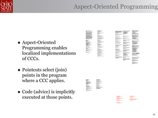 Aspect-Oriented Programming


                                  /*                                                                                      public void invalidate() {                                                             ;                                                                                                                                                                                        * Remove the object bound with the specified name from this session. If
                                   * ====================================================================                         serverSession.removeApplicationSession(context);                                                                                                                         /**                                                                                                 * the session does not have an object bound with this name, this method
                                   *                                                                                                                                                                                                                                                                        * Perform the internal processing required to invalidate this session,                             * does nothing.
                                   * The Apache Software License, Version 1.1                                                              // remove everything in the session                                   /**                                                                                        * without triggering an exception if the session has already expired.                              * <p>
                                   *                                                                                                                                                                              * Standard implementation of the <b>Session</b> interface. This object is                 */                                                                                                 * After this method executes, and if the object implements
                                   * Copyright (c) 1999 The Apache Software Foundation. All rights                                         Enumeration enum = values.keys();                                      * serializable, so that it can be stored in persistent storage or transferred            public void expire() {                                                                              * <code>HttpSessionBindingListener</code>, the container calls
                                   * reserved.                                                                                             while (enum.hasMoreElements()) {                                       * to a different JVM for distributable session support.                                                                                                                                      * <code>valueUnbound()</code> on the object.
                                   *                                                                                                           String name = (String)enum.nextElement();                          * <p>                                                                                          // Remove this session from our manager's active sessions                                     *
                                   * Redistribution and use in source and binary forms, with or without                                        removeValue(name);                                                 * <b>IMPLEMENTATION NOTE</b>: An instance of this class represents both the                    if ((manager != null) && (manager instanceof ManagerBase))                                    * @param name Name of the object to remove from this session.
                                   * modification, are permitted provided that the following conditions                                    }                                                                      * internal (Session) and application level (HttpSession) view of the session.                      ((ManagerBase) manager).remove(this);                                                     *
                                   * are met:                                                                                                                                                                     * However, because the class itself is not declared public, Java logic outside                                                                                                               * @exception IllegalStateException if this method is called on an
                                   *                                                                                                       valid = false;                                                         * of the <code>org.apache.tomcat.session</code> package cannot cast an                         // Unbind any objects associated with this session                                            * invalidated session
                                   * 1. Redistributions of source code must retain the above copyright                              }                                                                             * HttpSession view of this instance back to a Session view.                                    Vector results = new Vector();                                                                */
                                   *    notice, this list of conditions and the following disclaimer.                                                                                                             *                                                                                              Enumeration attrs = getAttributeNames();                                                     public void removeAttribute(String name) {
                                   *                                                                                                public boolean isNew() {                                                      * @author Craig R. McClanahan                                                                  while (attrs.hasMoreElements()) {
                                   * 2. Redistributions in binary form must reproduce the above copyright                               if (! valid) {                                                            * @version $Revision: 1.2 $ $Date: 2000/05/15 17:54:10 $                                           String attr = (String) attrs.nextElement();                                                  synchronized (attributes) {
                                   *    notice, this list of conditions and the following disclaimer in                                     String msg = sm.getString("applicationSession.session.ise");          */                                                                                                 results.addElement(attr);                                                                        Object object = attributes.get(name);
                                   *    the documentation and/or other materials provided with the                                                                                                                                                                                                               }                                                                                                    if (object == null)
                                   *    distribution.                                                                                          throw new IllegalStateException(msg);                             final class StandardSession                                                                     Enumeration names = results.elements();                                                                  return;
                                   *                                                                                                       }                                                                         implements HttpSession, Session {                                                           while (names.hasMoreElements()) {                                                                    attributes.remove(name);
                                   * 3. The end-user documentation included with the redistribution, if                                                                                                                                                                                                              String name = (String) names.nextElement();                                                      //      System.out.println( "Removing attribute " + name );
                                   *    any, must include the following acknowledgment:                                                    if (thisAccessTime == creationTime) {                                                                                                                                     removeAttribute(name);                                                                           if (object instanceof HttpSessionBindingListener) {
                                   *       "This product includes software developed by the                                                    return true;                                                            // ----------------------------------------------------------- Constructors               }                                                                                                        ((HttpSessionBindingListener) object).valueUnbound
                                   *        Apache Software Foundation (http://www.apache.org/)."                                          } else {                                                                                                                                                                                                                                                                           (new HttpSessionBindingEvent((HttpSession) this, name));
                                   *    Alternately, this acknowledgment may appear in the software                                            return false;                                                                                                                                                     // Mark this session as invalid                                                                      }
                                  itself,                                                                                                  }                                                                           /**                                                                                       setValid(false);                                                                                 }
                                   *    if and wherever such third-party acknowledgments normally appear.                           }                                                                                   * Construct a new Session associated with the specified Manager.
                                   *                                                                                                                                                                                    *                                                                                  }                                                                                                  }
                                   * 4. The names "The Jakarta Project", "Tomcat", and "Apache Software                                                                                                                 * @param manager The manager with which this Session is associated
                                   *    Foundation" must not be used to endorse or promote products                       /**                                                                                           */                                                                                                                                                                                * Bind an object to this session, using the specified name. If an object
                                  derived                                                                                               * @deprecated                                                                  public StandardSession(Manager manager) {                                           /**                                                                                                 * of the same name is already bound to this session, the object is
                                   *    from this software without prior written permission. For written                                */                                                                                                                                                                                                                                                                     * replaced.
                                   *    permission, please contact apache@apache.org.                                                                                                                                      super();                                                                        }                                                                                                   * <p>
                                   *                                                                                                public void putValue(String name, Object value) {                                      this.manager = manager;                                                                                                                                                             * After this method executes, and if the object implements
                                   * 5. Products derived from this software may not be called "Apache"                                  setAttribute(name, value);                                                                                                                                                                                                                                             * <code>HttpSessionBindingListener</code>, the container calls
                                   *    nor may "Apache" appear in their names without prior written                                }                                                                                  }                                                                                   /**                                                                                                 * <code>valueBound()</code> on the object.
                                   *    permission of the Apache Group.                                                                                                                                                                                                                                     * Set the <code>isNew</code> flag for this session.                                                *
                                   *                                                                                                public void setAttribute(String name, Object value) {                                                                                                                   *                                                                                                  * @param name Name to which the object is bound, cannot be null
                                   * THIS SOFTWARE IS PROVIDED ``AS IS'' AND ANY EXPRESSED OR IMPLIED                                   if (! valid) {                                                           /**                                                                                        * @param isNew The new value for the <code>isNew</code> flag                                       * @param value Object to be bound, cannot be null
                                   * WARRANTIES, INCLUDING, BUT NOT LIMITED TO, THE IMPLIED WARRANTIES                                      String msg = sm.getString("applicationSession.session.ise");                * The last accessed time for this Session.                                          */                                                                                                 *
                                   * OF MERCHANTABILITY AND FITNESS FOR A PARTICULAR PURPOSE ARE                                                                                                                        */                                                                                 void setNew(boolean isNew) {                                                                        * @exception IllegalArgumentException if an attempt is made to add a
                                   * DISCLAIMED. IN NO EVENT SHALL THE APACHE SOFTWARE FOUNDATION OR                                           throw new IllegalStateException(msg);                                   private long lastAccessedTime = creationTime;                                                                                                                                           * non-serializable object in an environment marked distributable.
                                   * ITS CONTRIBUTORS BE LIABLE FOR ANY DIRECT, INDIRECT, INCIDENTAL,                                      }                                                                                                                                                                     this.isNew = isNew;                                                                           * @exception IllegalStateException if this method is called on an
                                   * SPECIAL, EXEMPLARY, OR CONSEQUENTIAL DAMAGES (INCLUDING, BUT NOT                                                                                                                                                                                                                                                                                                          * invalidated session
                                   * LIMITED TO, PROCUREMENT OF SUBSTITUTE GOODS OR SERVICES; LOSS OF                                      if (name == null) {                                                         /**                                                                                 }                                                                                                   */
                                   * USE, DATA, OR PROFITS; OR BUSINESS INTERRUPTION) HOWEVER CAUSED AND                                       String msg = sm.getString("applicationSession.value.iae");               * The Manager with which this Session is associated.                                                                                                                                  public void setAttribute(String name, Object value) {
                                   * ON ANY THEORY OF LIABILITY, WHETHER IN CONTRACT, STRICT LIABILITY,                                                                                                                 */
                                   * OR TORT (INCLUDING NEGLIGENCE OR OTHERWISE) ARISING IN ANY WAY OUT                                        throw new IllegalArgumentException(msg);                                private Manager manager = null;                                                     /**                                                                                                    if ((manager != null) && manager.getDistributable() &&
                                   * OF THE USE OF THIS SOFTWARE, EVEN IF ADVISED OF THE POSSIBILITY OF                                    }                                                                                                                                                                * Set the <code>isValid</code> flag for this session.                                                   !(value instanceof Serializable))




•
                                   * SUCH DAMAGE.                                                                                                                                                                                                                                                           *                                                                                                         throw new IllegalArgumentException
                                   * ====================================================================                                  removeValue(name);     // remove any existing binding                       /**                                                                                  * @param isValid The new value for the <code>isValid</code> flag                                              (sm.getString("standardSession.setAttribute.iae"));
                                   *                                                                                                                                                                                    * The maximum time interval, in seconds, between client requests before             */
                                   * This software consists of voluntary contributions made by many                                        if (value != null && value instanceof HttpSessionBindingListener) {          * the servlet container may invalidate this session. A negative time               void setValid(boolean isValid) {                                                                       synchronized (attributes) {
                                   * individuals on behalf of the Apache Software Foundation. For more                                         HttpSessionBindingEvent e =                                              * indicates that the session should never time out.                                                                                                                                           removeAttribute(name);
                                   * information on the Apache Software Foundation, please see                                                     new HttpSessionBindingEvent(this, name);                             */                                                                                       this.isValid = isValid;                                                                              attributes.put(name, value);
                                   * <http://www.apache.org/>.                                                                                                                                                         private int maxInactiveInterval = -1;                                               }                                                                                                          if (value instanceof HttpSessionBindingListener)
                                   *                                                                                                           ((HttpSessionBindingListener)value).valueBound(e);                                                                                                                                                                                                                         ((HttpSessionBindingListener) value).valueBound
                                   * [Additional notices, if required by prior licensing conditions]                                       }                                                                                                                                                                                                                                                                                  (new HttpSessionBindingEvent((HttpSession) this, name));
                                   *                                                                                                                                                                                   /**                                                                                 // ------------------------------------------------- HttpSession Properties                            }
                                   */                                                                                                      values.put(name, value);                                                     * Flag indicating whether this session is new or not.
                                                                                                                                    }                                                                                   */                                                                                                                                                                                    }
                                                                                                                                                                                                                       private boolean isNew = true;                                                       /**




    Aspect-Oriented
                                                                                                                                    /**                                                                                                                                                                     * Return the time when this session was created, in milliseconds since
                                  package org.apache.tomcat.session;                                                                  * @deprecated                                                                                                                                                         * midnight, January 1, 1970 GMT.                                                                  // -------------------------------------------- HttpSession Private Methods
                                                                                                                                      */                                                                               /**                                                                                  *
                                  import org.apache.tomcat.core.*;                                                                  public Object getValue(String name) {                                               * Flag indicating whether this session is valid or not.                             * @exception IllegalStateException if this method is called on an
                                  import org.apache.tomcat.util.StringManager;                                                           return getAttribute(name);                                                     */                                                                                  * invalidated session                                                                             /**
                                  import java.io.*;                                                                                 }                                                                                  private boolean isValid = false;                                                     */                                                                                                 * Read a serialized version of this session object from the specified
                                  import java.net.*;                                                                                                                                                                                                                                                       public long getCreationTime() {                                                                     * object input stream.
                                  import java.util.*;                                                                               public Object getAttribute(String name) {                                                                                                                                                                                                                                  * <p>
                                  import javax.servlet.*;                                                                               if (! valid) {                                                                 /**                                                                                       return (this.creationTime);                                                                   * <b>IMPLEMENTATION NOTE</b>: The reference to the owning Manager
                                  import javax.servlet.http.*;                                                                              String msg = sm.getString("applicationSession.session.ise");                * The string manager for this package.                                                                                                                                                 * is not restored by this method, and must be set explicitly.
                                                                                                                                                                                                                        */                                                                                 }                                                                                                   *
                                  /**                                                                                                          throw new IllegalStateException(msg);                                   private StringManager sm =                                                                                                                                                              * @param stream The input stream to read from
                                   * Core implementation of an application level session                                                   }                                                                               StringManager.getManager("org.apache.tomcat.session");                                                                                                                              *
                                   *                                                                                                                                                                                                                                                                       /**                                                                                                 * @exception ClassNotFoundException if an unknown class is specified
                                   * @author James Duncan Davidson [duncan@eng.sun.com]                                                    if (name == null) {                                                                                                                                              * Return the session context with which this session is associated.                                * @exception IOException if an input/output error occurs
                                   * @author Jason Hunter [jch@eng.sun.com]                                                                    String msg = sm.getString("applicationSession.value.iae");              /**                                                                                  *                                                                                                  */
                                   * @author James Todd [gonzo@eng.sun.com]                                                                                                                                             * The HTTP session context associated with this session.                            * @deprecated As of Version 2.1, this method is deprecated and has no                             private void readObject(ObjectInputStream stream)
                                   */                                                                                                          throw new IllegalArgumentException(msg);                                 */                                                                                  * replacement. It will be removed in a future version of the                                          throws ClassNotFoundException, IOException {
                                                                                                                                           }                                                                           private static HttpSessionContext sessionContext = null;                             * Java Servlet API.
                                  public class ApplicationSession implements HttpSession {                                                                                                                                                                                                                  */                                                                                                    // Deserialize the scalar instance variables (except Manager)
                                                                                                                                           return values.get(name);                                                                                                                                        public HttpSessionContext getSessionContext() {                                                        creationTime = ((Long) stream.readObject()).
                                      private StringManager sm =                                                                    }                                                                                  /**                                                                                                                                                                                        isValid = ((Boolean) stream.readObject()).booleanValue();
                                          StringManager.getManager("org.apache.tomcat.session");                                                                                                                        * The current accessed time for this session.                                            if (sessionContext == null)
                                      private Hashtable values = new Hashtable();                                                   /**                                                                                 */                                                                                           sessionContext = new StandardSessionContext();                                               // Deserialize the attribute count and attribute values
                                      private String id;                                                                             * @deprecated                                                                     private long thisAccessedTime = creationTime;                                             return (sessionContext);                                                                         int n = ((Integer) stream.readObject()).intValue();
                                      private ServerSession serverSession;                                                           */                                                                                                                                                                                                                                                                           for (int i = 0; i < n; i++) {
                                      private Context context;                                                                      public String[] getValueNames() {                                                                                                                                      }                                                                                                          String name = (String) stream.readObject();
                                      private long creationTime = System.currentTimeMillis();;                                          Enumeration e = getAttributeNames();                                                                                                                                                                                                                                          Object value = (Object) stream.readObject();
                                      private long thisAccessTime = creationTime;                                                       Vector names = new Vector();                                                                                                                                                                                                                                                  attributes.put(name, value);
                                  private boolean valid = true;                                                                                                                                                        // ----------------------------------------------------- Session Properties         // ----------------------------------------------HttpSession Public Methods                            }
                                                                                                                                           while (e.hasMoreElements()) {
                                      ApplicationSession(String id, ServerSession serverSession,                                               names.addElement(e.nextElement());                                                                                                                                                                                                                             }
                                          Context context) {                                                                               }                                                                           /**                                                                                 /**
                                          this.serverSession = serverSession;                                                                                                                                           * Set the creation time for this session. This method is called by the              * Return the object bound with the specified name in this session, or
                                          this.context = context;                                                                          String[] valueNames = new String[names.size()];                              * Manager when an existing Session instance is reused.                              * <code>null</code> if no object is bound with that name.                                         /**




    Programming enables
                                          this.id = id;                                                                                                                                                                 *                                                                                   *                                                                                                  * Write a serialized version of this session object to the specified
                                                                                                                                           names.copyInto(valueNames);                                                  * @param time The new creation time                                                 * @param name Name of the attribute to be returned                                                 * object output stream.
                                          this.inactiveInterval = context.getSessionTimeOut();                                                                                                                          */                                                                                  *                                                                                                  * <p>
                                                                                                                                           return valueNames;                                                          public void setCreationTime(long time) {                                             * @exception IllegalStateException if this method is called on an                                  * <b>IMPLEMENTATION NOTE</b>: The owning Manager will not be stored
                                          if (this.inactiveInterval != -1) {                                                                                                                                                                                                                                * invalidated session                                                                              * in the serialized representation of this Session. After calling
                                              this.inactiveInterval *= 60;                                                          }                                                                                      this.creationTime = time;                                                        */                                                                                                 * <code>readObject()</code>, you must set the associated Manager
                                          }                                                                                                                                                                                this.lastAccessedTime = time;                                                   public Object getAttribute(String name) {                                                           * explicitly.
                                      }                                                                                             public Enumeration getAttributeNames() {                                               this.thisAccessedTime = time;                                                                                                                                                       * <p>
                                                                                                                                        if (! valid) {                                                                                                                                                           return (attributes.get(name));                                                                * <b>IMPLEMENTATION NOTE</b>: Any attribute that is not Serializable
                                      ServerSession getServerSession() {                                                                    String msg = sm.getString("applicationSession.session.ise");               }                                                                                                                                                                                       * will be silently ignored. If you do not want any such attributes,
                                          return serverSession;                                                                                                                                                                                                                                            }                                                                                                   * be sure the <code>distributable</code> property of our associated
                                      }                                                                                                        throw new IllegalStateException(msg);                                                                                                                                                                                                                           * Manager is set to <code>true</code>.
                                                                                                                                           }                                                                           /**                                                                                                                                                                                     *
                                      /**                                                                                                                                                                               * Return the session identifier for this session.                                  /**                                                                                                 * @param stream The output stream to write to
                                       * Called by context when request comes in so that accesses and                                      Hashtable valuesClone = (Hashtable)values.clone();                           */                                                                                  * Return an <code>Enumeration</code> of <code>String</code> objects                                *
                                       * inactivities can be dealt with accordingly.                                                                                                                                   public String getId() {                                                              * containing the names of the objects bound to this session.                                       * @exception IOException if an input/output error occurs
                                       */                                                                                                  return (Enumeration)valuesClone.keys();                                                                                                                          *                                                                                                  */
                                                                                                                                    }                                                                                      return (this.id);                                                                * @exception IllegalStateException if this method is called on an                                 private void writeObject(ObjectOutputStream stream) throws IOException {
                                                                                                                                                                                                                                                                                                            * invalidated session
                                      // HTTP SESSION IMPLEMENTATION METHODS                                                                                                                                           }                                                                                    */                                                                                                    // Write the scalar instance variables (except Manager)
                                                                                                                              /**                                                                                                                                                                          public Enumeration getAttributeNames() {                                                               stream.writeObject(new Long(creationTime));
                                      public String getId() {                                                                           * @deprecated                                                                                                                                                                                                                                                             stream.writeObject(id);
                                          if (valid) {                                                                                  */                                                                             /**                                                                                       return (attributes.keys());                                                                      stream.writeObject(new Long(lastAccessedTime));
                                              return id;                                                                                                                                                                * Set the session identifier for this session.                                                                                                                                            stream.writeObject(new Integer(maxInactiveInterval));
                                          } else {                                                                                  public void removeValue(String name) {                                              *                                                                                  }                                                                                                      stream.writeObject(new Boolean(isNew));
                                              String msg = sm.getString("applicationSession.session.ise");                              removeAttribute(name);                                                          * @param id The new session identifier                                                                                                                                                    stream.writeObject(new Boolean(isValid));
                                                                                                                                    }                                                                                   */
                                              throw new IllegalStateException(msg);                                                                                                                                    public void setId(String id) {                                                      /**                                                                                                    // Accumulate the names of serializable attributes
                                          }                                                                                         public void removeAttribute(String name) {                                                                                                                              * Return the object bound with the specified name in this session, or                                 Vector results = new Vector();
                                      }                                                                                                 if (! valid) {                                                                     if ((this.id != null) && (manager != null) &&                                    * <code>null</code> if no object is bound with that name.                                             Enumeration attrs = getAttributeNames();
                                                                                                                                            String msg = sm.getString("applicationSession.session.ise");                     (manager instanceof ManagerBase))                                              *                                                                                                     while (attrs.hasMoreElements()) {
                                      public long getCreationTime() {                                                                                                                                                          ((ManagerBase) manager).remove(this);                                        * @param name Name of the value to be returned                                                            String attr = (String) attrs.nextElement();
                                          if (valid) {                                                                                         throw new IllegalStateException(msg);                                                                                                                        *                                                                                                         Object value = attributes.get(attr);
                                              return creationTime;                                                                         }                                                                               this.id = id;                                                                    * @exception IllegalStateException if this method is called on an                                         if (value instanceof Serializable)
                                          } else {                                                                                                                                                                                                                                                          * invalidated session                                                                                         results.addElement(attr);




    localized implementations
                                              String msg = sm.getString("applicationSession.session.ise");                                 if (name == null) {                                                             if ((manager != null) && (manager instanceof ManagerBase))                       *                                                                                                     }
                                                                                                                                               String msg = sm.getString("applicationSession.value.iae");                      ((ManagerBase) manager).add(this);                                           * @deprecated As of Version 2.2, this method is replaced by
                                              throw new IllegalStateException(msg);                                                                                                                                                                                                                         * <code>getAttribute()</code>                                                                         // Serialize the attribute count and the attribute values
                                          }                                                                                                    throw new IllegalArgumentException(msg);                                }                                                                                    */                                                                                                    stream.writeObject(new Integer(results.size()));
                                      }                                                                                                    }                                                                                                                                                               public Object getValue(String name) {                                                                  Enumeration names = results.elements();
                                                                                                                                                                                                                                                                                                                                                                                                                  while (names.hasMoreElements()) {
                                      /**                                                                                                  Object o = values.get(name);                                                /**                                                                                       return (getAttribute(name));                                                                         String name = (String) names.nextElement();
                                       *                                                                                                                                                                                * Return descriptive information about this Session implementation and                                                                                                                        stream.writeObject(name);
                                       * @deprecated                                                                                       if (o instanceof HttpSessionBindingListener) {                               * the corresponding version number, in the format                                  }                                                                                                          stream.writeObject(attributes.get(name));
                                       */                                                                                                      HttpSessionBindingEvent e =                                              * <code><description>/<version></code>.                                                                                                                                       }
                                                                                                                                                   new HttpSessionBindingEvent(this,name);                              */
                                      public HttpSessionContext getSessionContext() {                                                                                                                                  public String getInfo() {                                                           /**
                                          return new SessionContextImpl();                                                                     ((HttpSessionBindingListener)o).valueUnbound(e);                                                                                                             * Return the set of names of objects bound to this session. If there                              }
                                      }                                                                                                    }                                                                               return (this.info);                                                              * are no such objects, a zero-length array is returned.
                                                                                                                                                                                                                                                                                                            *                                                                                                 crosscut invalidate(StandardSession s): s & (int getMaxInactiveInterval() |
                                                                                                                                           values.remove(name);                                                        }                                                                                    * @exception IllegalStateException if this method is called on an                                                                              long getCreationTime() |
                                                                                                                                    }                                                                                                                                                                       * invalidated session                                                                                                                          Object getAttribute(String) |
                                                                                                                                                                                                                 /**                                                                                        *                                                                                                                                              Enumeration getAttributeNames() |
                                                                                                                                    public void setMaxInactiveInterval(int interval) {                                  * Return the Manager within which this Session is valid.                            * @deprecated As of Version 2.2, this method is replaced by                                                                                    String[] getValueNames() |
                                                                                                                                        if (! valid) {                                                                  */                                                                                  * <code>getAttributeNames()</code>                                                                                                             void invalidate() |
                                                                                                                                            String msg = sm.getString("applicationSession.session.ise");               public Manager getManager() {                                                        */                                                                                                                                             boolean isNew() |
                                                                                                                                                                                                                                                                                                           public String[] getValueNames() {                                                                                                               void removeAttribute(String) |
                                                                                                                                               throw new IllegalStateException(msg);                                       return (this.manager);                                                                                                                                                                                                          void setAttribute(String, Object));
                                                                                                                                           }                                                                                                                                                                     Vector results = new Vector();
                                                                                                                                                                                                                       }                                                                                         Enumeration attrs = getAttributeNames();                                                     static advice(StandardSession s): invalidate(s) {
                                                                                                                                           inactiveInterval = interval;                                                                                                                                          while (attrs.hasMoreElements()) {                                                                before {
                                                                                                                                    }                                                                                                                                                                                String attr = (String) attrs.nextElement();                                                      if (!s.isValid())
                                                                                                                                                                                                                       /**                                                                                           results.addElement(attr);                                                                             throw new IllegalStateException
                                                                                                                                    public int getMaxInactiveInterval() {                                               * Set the Manager within which this Session is valid.                                    }                                                                                                             (s.sm.getString("standardSession."
                                                                                                                                        if (! valid) {                                                                  *                                                                                        String names[] = new String[results.size()];                                                                                  + thisJoinPoint.methodName
                                                                                                                                            String msg = sm.getString("applicationSession.session.ise");                * @param manager The new Manager                                                         for (int i = 0; i < names.length; i++)                                                                                        + ".ise"));
                                                                                                                                                                                                                        */                                                                                           names[i] = (String) results.elementAt(i);                                                    }
                                                                                                                                               throw new IllegalStateException(msg);                                   public void setManager(Manager manager) {                                                 return (names);                                                                              }
                                                                                                                                           }
                                                                                                                                                                                                                           this.manager = manager;                                                         }




    of CCCs.
                                                                                                                                           return inactiveInterval;
                                                                                                                                    }                                                                                  }
                                                                                                                          }                                                                                                                                                                                /**                                                                                            }
                                                                                                                                                                                                                                                                                                            * Invalidates this session and unbinds any objects bound to it.
                                                                                                                                                                                                                       /**                                                                                  *
                                                                                                                          //-----------------------------------------------------------------------                     * Return the maximum time interval, in seconds, between client requests             * @exception IllegalStateException if this method is called on                                // -------------------------------------------------------------- Private Class
                                                                                                                                                                                                                        * before the servlet container will invalidate the session. A negative              * an invalidated session
                                                                                                                                                                                                                        * time indicates that the session should never time out.                            */
                                                                                                                                                                                                                        *                                                                                  public void invalidate() {                                                                     /**
                                                                                                                                                                                                                        * @exception IllegalStateException if this method is called on                                                                                                                     * This class is a dummy implementation of the <code>HttpSessionContext</code>
                                                                                                                                                                                                                        * an invalidated session                                                                 // Cause this session to expire                                                           * interface, to conform to the requirement that such an object be returned
                                                                                                                                                                                                                        */                                                                                       expire();                                                                                 * when <code>HttpSession.getSessionContext()</code> is called.
                                                                                                                                                                                                                       public int getMaxInactiveInterval() {                                                                                                                                               *
                                                                                                                                                                                                                                                                                                           }                                                                                               * @author Craig R. McClanahan
                                                                                                                                                                                                                           return (this.maxInactiveInterval);                                                                                                                                              *
                                                                                                                                                                                                                                                                                                                                                                                                           * @deprecated As of Java Servlet API 2.1 with no replacement. The
                                                                                                                                                                                                                                                                                                           /**                                                                                             * interface will be removed in a future version of this API.
                                                                                                                                                                                                                                                                                                            * Return <code>true</code> if the client does not yet know about the                           */
                                                                                                                                                                                                                                                                                                            * session, or if the client chooses not to join the session. For
                                                                                                                                                                                                                                                                                                            * example, if the server used only cookie-based sessions, and the client                      final class StandardSessionContext implements HttpSessionContext {
                                                                                                                                                                                                                                                                                                            * has disabled the use of cookies, then a session would be new on each
                                                                                                                                                                                                                                                                                                            * request.
                                                                                                                                                                                                                                                                                                            *                                                                                                 private Vector dummy = new Vector();
                                                                                                                                                                                                                                                                                                            * @exception IllegalStateException if this method is called on an
                                                                                                                                                                                                                                                                                                            * invalidated session                                                                             /**
                                                                                                                                                                                                                                                                                                            */                                                                                                 * Return the session identifiers of all sessions defined
                                                                                                                                                                                                                                                                                                           public boolean isNew() {                                                                            * within this context.
                                                                                                                                                                                                                                                                                                                                                                                                               *
                                                                                                                                                                                                                                                                                                                 return (this.isNew);                                                                          * @deprecated As of Java Servlet API 2.1 with no replacement.
                                                                                                                                                                                                                                                                                                                                                                                                               * This method must return an empty <code>Enumeration</code>
                                                                                                                                                                                                                                                                                                           }                                                                                                   * and will be removed in a future version of the API.
                                                                                                                                                                                                                                                                                                                                                                                                               */
                                                                                                                                                                                                                                                                                                                                                                                                              public Enumeration getIds() {

                                                                                                                                                                                                                                                                                                                                                                                                                  return (dummy.elements());

                                                                                                                                                                                                                                                                                                                                                                                                              }


                                                                                                                                                                                                                                                                                                                                                                                                              /**
                                                                                                                                                                                                                                                                                                                                                                                                               * Return the <code>HttpSession</code> associated with the
                                                                                                                                                                                                                                                                                                                                                                                                               * specified session identifier.
                                                                                                                                                                                                                                                                                                                                                                                                               *
                                                                                                                                                                                                                                                                                                                                                                                                               * @param id Session identifier for which to look up a session
                                                                                                                                                                                                                                                                                                                                                                                                               *
                                                                                                                                                                                                                                                                                                                                                                                                               * @deprecated As of Java Servlet API 2.1 with no replacement.
                                                                                                                                                                                                                                                                                                                                                                                                               * This method must return null and will be removed in a
                                                                                                                                                                                                                                                                                                                                                                                                               * future version of the API.
                                                                                                                                                                                                                                                                                                                                                                                                               */
                                                                                                                                                                                                                                                                                                                                                                                                              public HttpSession getSession(String id) {

                                                                                                                                                                                                                                                                                                                                                                                                                  return (null);

                                                                                                                                                                                                                                                                                                                                                                                                              }

                                                                                                                                                                                                                                                                                                                                                                                                          }




• Pointcuts select (join)
    points in the program
    where a CCC applies.
                                  package org.apache.tomcat.session;                                         ynchronized void invalidate() {
                                                                                                                     Enumeration enum = appSessions.keys();
                                  import org.apache.tomcat.core.*;
                                  import org.apache.tomcat.util.StringManager;                                       while (enum.hasMoreElements()) {
                                  import java.io.*;                                                                      Object key = enum.nextElement();
                                  import java.net.*;                                                                     ApplicationSession appSession =
                                  import java.util.*;                                                                        (ApplicationSession)appSessions.get(key);
                                  import javax.servlet.*;
                                  import javax.servlet.http.*;                                                           appSession.invalidate();
                                                                                                                     }
                                  /**                                                                            }
                                   * Core implementation of a server session
                                   *                                                                             public void putValue(String name, Object value) {
                                   * @author James Duncan Davidson [duncan@eng.sun.com]                              if (name == null) {
                                   * @author James Todd [gonzo@eng.sun.com]                                              String msg = sm.getString("serverSession.value.iae");
                                   */
                                                                                                                         throw new IllegalArgumentException(msg);
                                  public class ServerSession {                                                       }

                                      private StringManager sm =                                                     removeValue(name); // remove any existing binding
                                          StringManager.getManager("org.apache.tomcat.session");                     values.put(name, value);
                                      private Hashtable values = new Hashtable();                                }
                                      private Hashtable appSessions = new Hashtable();
                                      private String id;                                                         public Object getValue(String name) {
                                      private long creationTime = System.currentTimeMillis();;                       if (name == null) {
                                      private long thisAccessTime = creationTime;                                        String msg = sm.getString("serverSession.value.iae");
                                      private long lastAccessed = creationTime;
                                      private int inactiveInterval = -1;                                                 throw new IllegalArgumentException(msg);
                                                                                                                     }
                                      ServerSession(String id) {
                                          this.id = id;                                                              return values.get(name);
                                      }                                                                          }

                                      public String getId() {                                                    public Enumeration getValueNames() {
                                          return id;                                                                 return values.keys();
                                      }                                                                          }

                                      public long getCreationTime() {                                            public void removeValue(String name) {
                                          return creationTime;                                                       values.remove(name);
                                      }                                                                          }

                                      public long getLastAccessedTime() {                                        public void setMaxInactiveInterval(int interval) {
                                          return lastAccessed;                                                       inactiveInterval = interval;
                                      }                                                                          }

                                      public ApplicationSession getApplicationSession(Context context,           public int getMaxInactiveInterval() {
                                          boolean create) {                                                          return inactiveInterval;
                                          ApplicationSession appSession =                                        }
                                              (ApplicationSession)appSessions.get(context);
                                                                                                                 // XXX
                                          if (appSession == null && create) {                                    // sync'd for safty -- no other thread should be getting something
                                                                                                                 // from this while we are reaping. This isn't the most optimal




•
                                              // XXX                                                             // solution for this, but we'll determine something else later.
                                              // sync to ensure valid?
                                                                                                                 synchronized void reap() {
                                              appSession = new ApplicationSession(id, this, context);                Enumeration enum = appSessions.keys();
                                              appSessions.put(context, appSession);
                                          }                                                                          while (enum.hasMoreElements()) {
                                                                                                                         Object key = enum.nextElement();
                                          // XXX                                                                         ApplicationSession appSession =
                                          // make sure that we haven't gone over the end of our                              (ApplicationSession)appSessions.get(key);
                                          // inactive interval -- if so, invalidate and create
                                          // a new appSession                                                            appSession.validate();
                                                                                                                     }




    Code (advice) is implicitly
                                          return appSession;                                                     }
                                      }                                                                      }

                                      void removeApplicationSession(Context context) {
                                          appSessions.remove(context);
                                      }

                                      /**
                                       * Called by context when request comes in so that accesses and
                                       * inactivities can be dealt with accordingly.
                                       */


                                      void validate()




    executed at those points.
                                                                                                                                                                                                                                 private long lastAccessed = creationTime;                                                                                                     if (inactiveInterval != -1) {
                                                                                                                                                                                                                                    private int inactiveInterval = -1;                                                                                                                     int thisInterval =
                                                                                                                                                                                                                                                                                                                                                                                               (int)(System.currentTimeMillis() - lastAccessed) / 1000;
                                                                                                                                                                                                                                 void accessed() {
                                                                                                                                                                                                                                        // set last accessed to thisAccessTime as it will be left over                                                                                       if (thisInterval > inactiveInterval) {
                                                                                                                                                                                                                                        // from the previous access                                                                                                                              invalidate();
                                                                                                                                                                                                                                        lastAccessed = thisAccessTime;
                                                                                                                                                                                                                                        thisAccessTime = System.currentTimeMillis();                                                                                                             ServerSessionManager ssm =
                                                                                                                                                                                                                                                                                                                                                                                                     ServerSessionManager.getManager();
                                                                                                                                                                                                                                           validate();
                                                                                                                                                                                                                                    }                                                                                                                                                            ssm.removeSession(this);
                                                                                                                                                                                                                                                                                                                                                                                             }
                                                                                                                                                                                                                                    void validate() {                                                                                                                                    }
                                                                                                                                                                                                                                        // if we have an inactive interval, check to see if we've exceeded it                                                                        }
                                                                                                                                                                                                                                        if (inactiveInterval != -1) {
                                                                                                                                                                                                                                            int thisInterval =                                                                                                                    private long lastAccessedTime = creationTime;
                                                                                                                                                                                                                                                (int)(System.currentTimeMillis() - lastAccessed) / 1000;

                                                                                                                                                                                                                                               if (thisInterval > inactiveInterval) {
                                                                                                                                                                                                                                                   invalidate();                                                                                                                     /**
                                                                                                                                                                                                                                               }                                                                                                                                      * Return the last time the client sent a request associated with this
                                                                                                                                                                                                                                           }                                                                                                                                          * session, as the number of milliseconds since midnight, January 1, 1970
                                                                                                                                                                                                                                    }                                                                                                                                                 * GMT. Actions that your application takes, such as getting or setting
                                                                                                                                                                                                                                                                                                                                                                                      * a value associated with the session, do not affect the access time.
                                                                                                                                                                                                                                 public long getLastAccessedTime() {                                                                                                                  */
                                                                                                                                                                                                                                        if (valid) {                                                                                                                                 public long getLastAccessedTime() {
                                                                                                                                                                                                                                            return lastAccessed;
                                                                                                                                                                                                                                        } else {                                                                                                                                         return (this.lastAccessedTime);
                                                                                                                                                                                                                                            String msg = sm.getString("applicationSession.session.ise");
                                                                                                                                                                                                                                                                                                                                                                                     }
                                                                                                                                                                                                                                               throw new IllegalStateException(msg);
                                                                                                                                                                                                                                           }
                                                                                                                                                                                                                                    }                                                                                                                                                    this.lastAccessedTime = time;


                                                                                                                                                                                                                                 public long getLastAccessedTime() {
                                                                                                                                                                                                                                        return lastAccessed;
                                                                                                                                                                                                                                    }


                                                                                                                                                                                                                                 private long lastAccessed = creationTime;

                                                                                                                                                                                                                                 void accessed() {
                                                                                                                                                                                                                                        // set last accessed to thisAccessTime as it will be left over
                                                                                                                                                                                                                                        // from the previous access

                                                                                                                                                                                                                                           lastAccessed = thisAccessTime;
                                                                                                                                                                                                                                           thisAccessTime = System.currentTimeMillis();

                                                                                                                                                                                                                                    }




                                                                                                                                                                                                                                                                                                                                                                                                                                                                                                 11
 
