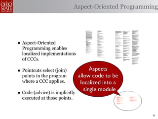 Aspect-Oriented Programming


                                     /*                                                                                      public void invalidate() {                                                             ;                                                                                                                                                                                        * Remove the object bound with the specified name from this session. If
                                      * ====================================================================                         serverSession.removeApplicationSession(context);                                                                                                                         /**                                                                                                 * the session does not have an object bound with this name, this method
                                      *                                                                                                                                                                                                                                                                        * Perform the internal processing required to invalidate this session,                             * does nothing.
                                      * The Apache Software License, Version 1.1                                                              // remove everything in the session                                   /**                                                                                        * without triggering an exception if the session has already expired.                              * <p>
                                      *                                                                                                                                                                              * Standard implementation of the <b>Session</b> interface. This object is                 */                                                                                                 * After this method executes, and if the object implements
                                      * Copyright (c) 1999 The Apache Software Foundation. All rights                                         Enumeration enum = values.keys();                                      * serializable, so that it can be stored in persistent storage or transferred            public void expire() {                                                                              * <code>HttpSessionBindingListener</code>, the container calls
                                      * reserved.                                                                                             while (enum.hasMoreElements()) {                                       * to a different JVM for distributable session support.                                                                                                                                      * <code>valueUnbound()</code> on the object.
                                      *                                                                                                           String name = (String)enum.nextElement();                          * <p>                                                                                          // Remove this session from our manager's active sessions                                     *
                                      * Redistribution and use in source and binary forms, with or without                                        removeValue(name);                                                 * <b>IMPLEMENTATION NOTE</b>: An instance of this class represents both the                    if ((manager != null) && (manager instanceof ManagerBase))                                    * @param name Name of the object to remove from this session.
                                      * modification, are permitted provided that the following conditions                                    }                                                                      * internal (Session) and application level (HttpSession) view of the session.                      ((ManagerBase) manager).remove(this);                                                     *
                                      * are met:                                                                                                                                                                     * However, because the class itself is not declared public, Java logic outside                                                                                                               * @exception IllegalStateException if this method is called on an
                                      *                                                                                                       valid = false;                                                         * of the <code>org.apache.tomcat.session</code> package cannot cast an                         // Unbind any objects associated with this session                                            * invalidated session
                                      * 1. Redistributions of source code must retain the above copyright                              }                                                                             * HttpSession view of this instance back to a Session view.                                    Vector results = new Vector();                                                                */
                                      *    notice, this list of conditions and the following disclaimer.                                                                                                             *                                                                                              Enumeration attrs = getAttributeNames();                                                     public void removeAttribute(String name) {
                                      *                                                                                                public boolean isNew() {                                                      * @author Craig R. McClanahan                                                                  while (attrs.hasMoreElements()) {
                                      * 2. Redistributions in binary form must reproduce the above copyright                               if (! valid) {                                                            * @version $Revision: 1.2 $ $Date: 2000/05/15 17:54:10 $                                           String attr = (String) attrs.nextElement();                                                  synchronized (attributes) {
                                      *    notice, this list of conditions and the following disclaimer in                                     String msg = sm.getString("applicationSession.session.ise");          */                                                                                                 results.addElement(attr);                                                                        Object object = attributes.get(name);
                                      *    the documentation and/or other materials provided with the                                                                                                                                                                                                               }                                                                                                    if (object == null)
                                      *    distribution.                                                                                          throw new IllegalStateException(msg);                             final class StandardSession                                                                     Enumeration names = results.elements();                                                                  return;
                                      *                                                                                                       }                                                                         implements HttpSession, Session {                                                           while (names.hasMoreElements()) {                                                                    attributes.remove(name);
                                      * 3. The end-user documentation included with the redistribution, if                                                                                                                                                                                                              String name = (String) names.nextElement();                                                      //      System.out.println( "Removing attribute " + name );
                                      *    any, must include the following acknowledgment:                                                    if (thisAccessTime == creationTime) {                                                                                                                                     removeAttribute(name);                                                                           if (object instanceof HttpSessionBindingListener) {
                                      *       "This product includes software developed by the                                                    return true;                                                            // ----------------------------------------------------------- Constructors               }                                                                                                        ((HttpSessionBindingListener) object).valueUnbound
                                      *        Apache Software Foundation (http://www.apache.org/)."                                          } else {                                                                                                                                                                                                                                                                           (new HttpSessionBindingEvent((HttpSession) this, name));
                                      *    Alternately, this acknowledgment may appear in the software                                            return false;                                                                                                                                                     // Mark this session as invalid                                                                      }
                                     itself,                                                                                                  }                                                                           /**                                                                                       setValid(false);                                                                                 }
                                      *    if and wherever such third-party acknowledgments normally appear.                           }                                                                                   * Construct a new Session associated with the specified Manager.
                                      *                                                                                                                                                                                    *                                                                                  }                                                                                                  }
                                      * 4. The names "The Jakarta Project", "Tomcat", and "Apache Software                                                                                                                 * @param manager The manager with which this Session is associated
                                      *    Foundation" must not be used to endorse or promote products                       /**                                                                                           */                                                                                                                                                                                * Bind an object to this session, using the specified name. If an object
                                     derived                                                                                               * @deprecated                                                                  public StandardSession(Manager manager) {                                           /**                                                                                                 * of the same name is already bound to this session, the object is
                                      *    from this software without prior written permission. For written                                */                                                                                                                                                                                                                                                                     * replaced.
                                      *    permission, please contact apache@apache.org.                                                                                                                                      super();                                                                        }                                                                                                   * <p>
                                      *                                                                                                public void putValue(String name, Object value) {                                      this.manager = manager;                                                                                                                                                             * After this method executes, and if the object implements
                                      * 5. Products derived from this software may not be called "Apache"                                  setAttribute(name, value);                                                                                                                                                                                                                                             * <code>HttpSessionBindingListener</code>, the container calls
                                      *    nor may "Apache" appear in their names without prior written                                }                                                                                  }                                                                                   /**                                                                                                 * <code>valueBound()</code> on the object.
                                      *    permission of the Apache Group.                                                                                                                                                                                                                                     * Set the <code>isNew</code> flag for this session.                                                *
                                      *                                                                                                public void setAttribute(String name, Object value) {                                                                                                                   *                                                                                                  * @param name Name to which the object is bound, cannot be null
                                      * THIS SOFTWARE IS PROVIDED ``AS IS'' AND ANY EXPRESSED OR IMPLIED                                   if (! valid) {                                                           /**                                                                                        * @param isNew The new value for the <code>isNew</code> flag                                       * @param value Object to be bound, cannot be null
                                      * WARRANTIES, INCLUDING, BUT NOT LIMITED TO, THE IMPLIED WARRANTIES                                      String msg = sm.getString("applicationSession.session.ise");                * The last accessed time for this Session.                                          */                                                                                                 *
                                      * OF MERCHANTABILITY AND FITNESS FOR A PARTICULAR PURPOSE ARE                                                                                                                        */                                                                                 void setNew(boolean isNew) {                                                                        * @exception IllegalArgumentException if an attempt is made to add a
                                      * DISCLAIMED. IN NO EVENT SHALL THE APACHE SOFTWARE FOUNDATION OR                                           throw new IllegalStateException(msg);                                   private long lastAccessedTime = creationTime;                                                                                                                                           * non-serializable object in an environment marked distributable.
                                      * ITS CONTRIBUTORS BE LIABLE FOR ANY DIRECT, INDIRECT, INCIDENTAL,                                      }                                                                                                                                                                     this.isNew = isNew;                                                                           * @exception IllegalStateException if this method is called on an
                                      * SPECIAL, EXEMPLARY, OR CONSEQUENTIAL DAMAGES (INCLUDING, BUT NOT                                                                                                                                                                                                                                                                                                          * invalidated session
                                      * LIMITED TO, PROCUREMENT OF SUBSTITUTE GOODS OR SERVICES; LOSS OF                                      if (name == null) {                                                         /**                                                                                 }                                                                                                   */
                                      * USE, DATA, OR PROFITS; OR BUSINESS INTERRUPTION) HOWEVER CAUSED AND                                       String msg = sm.getString("applicationSession.value.iae");               * The Manager with which this Session is associated.                                                                                                                                  public void setAttribute(String name, Object value) {
                                      * ON ANY THEORY OF LIABILITY, WHETHER IN CONTRACT, STRICT LIABILITY,                                                                                                                 */
                                      * OR TORT (INCLUDING NEGLIGENCE OR OTHERWISE) ARISING IN ANY WAY OUT                                        throw new IllegalArgumentException(msg);                                private Manager manager = null;                                                     /**                                                                                                    if ((manager != null) && manager.getDistributable() &&
                                      * OF THE USE OF THIS SOFTWARE, EVEN IF ADVISED OF THE POSSIBILITY OF                                    }                                                                                                                                                                * Set the <code>isValid</code> flag for this session.                                                   !(value instanceof Serializable))




•
                                      * SUCH DAMAGE.                                                                                                                                                                                                                                                           *                                                                                                         throw new IllegalArgumentException
                                      * ====================================================================                                  removeValue(name);     // remove any existing binding                       /**                                                                                  * @param isValid The new value for the <code>isValid</code> flag                                              (sm.getString("standardSession.setAttribute.iae"));
                                      *                                                                                                                                                                                    * The maximum time interval, in seconds, between client requests before             */
                                      * This software consists of voluntary contributions made by many                                        if (value != null && value instanceof HttpSessionBindingListener) {          * the servlet container may invalidate this session. A negative time               void setValid(boolean isValid) {                                                                       synchronized (attributes) {
                                      * individuals on behalf of the Apache Software Foundation. For more                                         HttpSessionBindingEvent e =                                              * indicates that the session should never time out.                                                                                                                                           removeAttribute(name);
                                      * information on the Apache Software Foundation, please see                                                     new HttpSessionBindingEvent(this, name);                             */                                                                                       this.isValid = isValid;                                                                              attributes.put(name, value);
                                      * <http://www.apache.org/>.                                                                                                                                                         private int maxInactiveInterval = -1;                                               }                                                                                                          if (value instanceof HttpSessionBindingListener)
                                      *                                                                                                           ((HttpSessionBindingListener)value).valueBound(e);                                                                                                                                                                                                                         ((HttpSessionBindingListener) value).valueBound
                                      * [Additional notices, if required by prior licensing conditions]                                       }                                                                                                                                                                                                                                                                                  (new HttpSessionBindingEvent((HttpSession) this, name));
                                      *                                                                                                                                                                                   /**                                                                                 // ------------------------------------------------- HttpSession Properties                            }
                                      */                                                                                                      values.put(name, value);                                                     * Flag indicating whether this session is new or not.
                                                                                                                                       }                                                                                   */                                                                                                                                                                                    }
                                                                                                                                                                                                                          private boolean isNew = true;                                                       /**




    Aspect-Oriented
                                                                                                                                       /**                                                                                                                                                                     * Return the time when this session was created, in milliseconds since
                                     package org.apache.tomcat.session;                                                                  * @deprecated                                                                                                                                                         * midnight, January 1, 1970 GMT.                                                                  // -------------------------------------------- HttpSession Private Methods
                                                                                                                                         */                                                                               /**                                                                                  *
                                     import org.apache.tomcat.core.*;                                                                  public Object getValue(String name) {                                               * Flag indicating whether this session is valid or not.                             * @exception IllegalStateException if this method is called on an
                                     import org.apache.tomcat.util.StringManager;                                                           return getAttribute(name);                                                     */                                                                                  * invalidated session                                                                             /**
                                     import java.io.*;                                                                                 }                                                                                  private boolean isValid = false;                                                     */                                                                                                 * Read a serialized version of this session object from the specified
                                     import java.net.*;                                                                                                                                                                                                                                                       public long getCreationTime() {                                                                     * object input stream.
                                     import java.util.*;                                                                               public Object getAttribute(String name) {                                                                                                                                                                                                                                  * <p>
                                     import javax.servlet.*;                                                                               if (! valid) {                                                                 /**                                                                                       return (this.creationTime);                                                                   * <b>IMPLEMENTATION NOTE</b>: The reference to the owning Manager
                                     import javax.servlet.http.*;                                                                              String msg = sm.getString("applicationSession.session.ise");                * The string manager for this package.                                                                                                                                                 * is not restored by this method, and must be set explicitly.
                                                                                                                                                                                                                           */                                                                                 }                                                                                                   *
                                     /**                                                                                                          throw new IllegalStateException(msg);                                   private StringManager sm =                                                                                                                                                              * @param stream The input stream to read from
                                      * Core implementation of an application level session                                                   }                                                                               StringManager.getManager("org.apache.tomcat.session");                                                                                                                              *
                                      *                                                                                                                                                                                                                                                                       /**                                                                                                 * @exception ClassNotFoundException if an unknown class is specified
                                      * @author James Duncan Davidson [duncan@eng.sun.com]                                                    if (name == null) {                                                                                                                                              * Return the session context with which this session is associated.                                * @exception IOException if an input/output error occurs
                                      * @author Jason Hunter [jch@eng.sun.com]                                                                    String msg = sm.getString("applicationSession.value.iae");              /**                                                                                  *                                                                                                  */
                                      * @author James Todd [gonzo@eng.sun.com]                                                                                                                                             * The HTTP session context associated with this session.                            * @deprecated As of Version 2.1, this method is deprecated and has no                             private void readObject(ObjectInputStream stream)
                                      */                                                                                                          throw new IllegalArgumentException(msg);                                 */                                                                                  * replacement. It will be removed in a future version of the                                          throws ClassNotFoundException, IOException {
                                                                                                                                              }                                                                           private static HttpSessionContext sessionContext = null;                             * Java Servlet API.
                                     public class ApplicationSession implements HttpSession {                                                                                                                                                                                                                  */                                                                                                    // Deserialize the scalar instance variables (except Manager)
                                                                                                                                              return values.get(name);                                                                                                                                        public HttpSessionContext getSessionContext() {                                                        creationTime = ((Long) stream.readObject()).
                                         private StringManager sm =                                                                    }                                                                                  /**                                                                                                                                                                                        isValid = ((Boolean) stream.readObject()).booleanValue();
                                             StringManager.getManager("org.apache.tomcat.session");                                                                                                                        * The current accessed time for this session.                                            if (sessionContext == null)
                                         private Hashtable values = new Hashtable();                                                   /**                                                                                 */                                                                                           sessionContext = new StandardSessionContext();                                               // Deserialize the attribute count and attribute values
                                         private String id;                                                                             * @deprecated                                                                     private long thisAccessedTime = creationTime;                                             return (sessionContext);                                                                         int n = ((Integer) stream.readObject()).intValue();
                                         private ServerSession serverSession;                                                           */                                                                                                                                                                                                                                                                           for (int i = 0; i < n; i++) {
                                         private Context context;                                                                      public String[] getValueNames() {                                                                                                                                      }                                                                                                          String name = (String) stream.readObject();
                                         private long creationTime = System.currentTimeMillis();;                                          Enumeration e = getAttributeNames();                                                                                                                                                                                                                                          Object value = (Object) stream.readObject();
                                         private long thisAccessTime = creationTime;                                                       Vector names = new Vector();                                                                                                                                                                                                                                                  attributes.put(name, value);
                                     private boolean valid = true;                                                                                                                                                        // ----------------------------------------------------- Session Properties         // ----------------------------------------------HttpSession Public Methods                            }
                                                                                                                                              while (e.hasMoreElements()) {
                                         ApplicationSession(String id, ServerSession serverSession,                                               names.addElement(e.nextElement());                                                                                                                                                                                                                             }
                                             Context context) {                                                                               }                                                                           /**                                                                                 /**
                                             this.serverSession = serverSession;                                                                                                                                           * Set the creation time for this session. This method is called by the              * Return the object bound with the specified name in this session, or
                                             this.context = context;                                                                          String[] valueNames = new String[names.size()];                              * Manager when an existing Session instance is reused.                              * <code>null</code> if no object is bound with that name.                                         /**




    Programming enables
                                             this.id = id;                                                                                                                                                                 *                                                                                   *                                                                                                  * Write a serialized version of this session object to the specified
                                                                                                                                              names.copyInto(valueNames);                                                  * @param time The new creation time                                                 * @param name Name of the attribute to be returned                                                 * object output stream.
                                             this.inactiveInterval = context.getSessionTimeOut();                                                                                                                          */                                                                                  *                                                                                                  * <p>
                                                                                                                                              return valueNames;                                                          public void setCreationTime(long time) {                                             * @exception IllegalStateException if this method is called on an                                  * <b>IMPLEMENTATION NOTE</b>: The owning Manager will not be stored
                                             if (this.inactiveInterval != -1) {                                                                                                                                                                                                                                * invalidated session                                                                              * in the serialized representation of this Session. After calling
                                                 this.inactiveInterval *= 60;                                                          }                                                                                      this.creationTime = time;                                                        */                                                                                                 * <code>readObject()</code>, you must set the associated Manager
                                             }                                                                                                                                                                                this.lastAccessedTime = time;                                                   public Object getAttribute(String name) {                                                           * explicitly.
                                         }                                                                                             public Enumeration getAttributeNames() {                                               this.thisAccessedTime = time;                                                                                                                                                       * <p>
                                                                                                                                           if (! valid) {                                                                                                                                                           return (attributes.get(name));                                                                * <b>IMPLEMENTATION NOTE</b>: Any attribute that is not Serializable
                                         ServerSession getServerSession() {                                                                    String msg = sm.getString("applicationSession.session.ise");               }                                                                                                                                                                                       * will be silently ignored. If you do not want any such attributes,
                                             return serverSession;                                                                                                                                                                                                                                            }                                                                                                   * be sure the <code>distributable</code> property of our associated
                                         }                                                                                                        throw new IllegalStateException(msg);                                                                                                                                                                                                                           * Manager is set to <code>true</code>.
                                                                                                                                              }                                                                           /**                                                                                                                                                                                     *
                                         /**                                                                                                                                                                               * Return the session identifier for this session.                                  /**                                                                                                 * @param stream The output stream to write to
                                          * Called by context when request comes in so that accesses and                                      Hashtable valuesClone = (Hashtable)values.clone();                           */                                                                                  * Return an <code>Enumeration</code> of <code>String</code> objects                                *
                                          * inactivities can be dealt with accordingly.                                                                                                                                   public String getId() {                                                              * containing the names of the objects bound to this session.                                       * @exception IOException if an input/output error occurs
                                          */                                                                                                  return (Enumeration)valuesClone.keys();                                                                                                                          *                                                                                                  */
                                                                                                                                       }                                                                                      return (this.id);                                                                * @exception IllegalStateException if this method is called on an                                 private void writeObject(ObjectOutputStream stream) throws IOException {
                                                                                                                                                                                                                                                                                                               * invalidated session
                                         // HTTP SESSION IMPLEMENTATION METHODS                                                                                                                                           }                                                                                    */                                                                                                    // Write the scalar instance variables (except Manager)
                                                                                                                                 /**                                                                                                                                                                          public Enumeration getAttributeNames() {                                                               stream.writeObject(new Long(creationTime));
                                         public String getId() {                                                                           * @deprecated                                                                                                                                                                                                                                                             stream.writeObject(id);
                                             if (valid) {                                                                                  */                                                                             /**                                                                                       return (attributes.keys());                                                                      stream.writeObject(new Long(lastAccessedTime));
                                                 return id;                                                                                                                                                                * Set the session identifier for this session.                                                                                                                                            stream.writeObject(new Integer(maxInactiveInterval));
                                             } else {                                                                                  public void removeValue(String name) {                                              *                                                                                  }                                                                                                      stream.writeObject(new Boolean(isNew));
                                                 String msg = sm.getString("applicationSession.session.ise");                              removeAttribute(name);                                                          * @param id The new session identifier                                                                                                                                                    stream.writeObject(new Boolean(isValid));
                                                                                                                                       }                                                                                   */
                                                 throw new IllegalStateException(msg);                                                                                                                                    public void setId(String id) {                                                      /**                                                                                                    // Accumulate the names of serializable attributes
                                             }                                                                                         public void removeAttribute(String name) {                                                                                                                              * Return the object bound with the specified name in this session, or                                 Vector results = new Vector();
                                         }                                                                                                 if (! valid) {                                                                     if ((this.id != null) && (manager != null) &&                                    * <code>null</code> if no object is bound with that name.                                             Enumeration attrs = getAttributeNames();
                                                                                                                                               String msg = sm.getString("applicationSession.session.ise");                     (manager instanceof ManagerBase))                                              *                                                                                                     while (attrs.hasMoreElements()) {
                                         public long getCreationTime() {                                                                                                                                                          ((ManagerBase) manager).remove(this);                                        * @param name Name of the value to be returned                                                            String attr = (String) attrs.nextElement();
                                             if (valid) {                                                                                         throw new IllegalStateException(msg);                                                                                                                        *                                                                                                         Object value = attributes.get(attr);
                                                 return creationTime;                                                                         }                                                                               this.id = id;                                                                    * @exception IllegalStateException if this method is called on an                                         if (value instanceof Serializable)
                                             } else {                                                                                                                                                                                                                                                          * invalidated session                                                                                         results.addElement(attr);




    localized implementations
                                                 String msg = sm.getString("applicationSession.session.ise");                                 if (name == null) {                                                             if ((manager != null) && (manager instanceof ManagerBase))                       *                                                                                                     }
                                                                                                                                                  String msg = sm.getString("applicationSession.value.iae");                      ((ManagerBase) manager).add(this);                                           * @deprecated As of Version 2.2, this method is replaced by
                                                 throw new IllegalStateException(msg);                                                                                                                                                                                                                         * <code>getAttribute()</code>                                                                         // Serialize the attribute count and the attribute values
                                             }                                                                                                    throw new IllegalArgumentException(msg);                                }                                                                                    */                                                                                                    stream.writeObject(new Integer(results.size()));
                                         }                                                                                                    }                                                                                                                                                               public Object getValue(String name) {                                                                  Enumeration names = results.elements();
                                                                                                                                                                                                                                                                                                                                                                                                                     while (names.hasMoreElements()) {
                                         /**                                                                                                  Object o = values.get(name);                                                /**                                                                                       return (getAttribute(name));                                                                         String name = (String) names.nextElement();
                                          *                                                                                                                                                                                * Return descriptive information about this Session implementation and                                                                                                                        stream.writeObject(name);
                                          * @deprecated                                                                                       if (o instanceof HttpSessionBindingListener) {                               * the corresponding version number, in the format                                  }                                                                                                          stream.writeObject(attributes.get(name));
                                          */                                                                                                      HttpSessionBindingEvent e =                                              * <code><description>/<version></code>.                                                                                                                                       }
                                                                                                                                                      new HttpSessionBindingEvent(this,name);                              */
                                         public HttpSessionContext getSessionContext() {                                                                                                                                  public String getInfo() {                                                           /**
                                             return new SessionContextImpl();                                                                     ((HttpSessionBindingListener)o).valueUnbound(e);                                                                                                             * Return the set of names of objects bound to this session. If there                              }
                                         }                                                                                                    }                                                                               return (this.info);                                                              * are no such objects, a zero-length array is returned.
                                                                                                                                                                                                                                                                                                               *                                                                                                 crosscut invalidate(StandardSession s): s & (int getMaxInactiveInterval() |
                                                                                                                                              values.remove(name);                                                        }                                                                                    * @exception IllegalStateException if this method is called on an                                                                              long getCreationTime() |
                                                                                                                                       }                                                                                                                                                                       * invalidated session                                                                                                                          Object getAttribute(String) |
                                                                                                                                                                                                                    /**                                                                                        *                                                                                                                                              Enumeration getAttributeNames() |
                                                                                                                                       public void setMaxInactiveInterval(int interval) {                                  * Return the Manager within which this Session is valid.                            * @deprecated As of Version 2.2, this method is replaced by                                                                                    String[] getValueNames() |
                                                                                                                                           if (! valid) {                                                                  */                                                                                  * <code>getAttributeNames()</code>                                                                                                             void invalidate() |
                                                                                                                                               String msg = sm.getString("applicationSession.session.ise");               public Manager getManager() {                                                        */                                                                                                                                             boolean isNew() |
                                                                                                                                                                                                                                                                                                              public String[] getValueNames() {                                                                                                               void removeAttribute(String) |
                                                                                                                                                  throw new IllegalStateException(msg);                                       return (this.manager);                                                                                                                                                                                                          void setAttribute(String, Object));
                                                                                                                                              }                                                                                                                                                                     Vector results = new Vector();
                                                                                                                                                                                                                          }                                                                                         Enumeration attrs = getAttributeNames();                                                     static advice(StandardSession s): invalidate(s) {
                                                                                                                                              inactiveInterval = interval;                                                                                                                                          while (attrs.hasMoreElements()) {                                                                before {
                                                                                                                                       }                                                                                                                                                                                String attr = (String) attrs.nextElement();                                                      if (!s.isValid())
                                                                                                                                                                                                                          /**                                                                                           results.addElement(attr);                                                                             throw new IllegalStateException
                                                                                                                                       public int getMaxInactiveInterval() {                                               * Set the Manager within which this Session is valid.                                    }                                                                                                             (s.sm.getString("standardSession."
                                                                                                                                           if (! valid) {                                                                  *                                                                                        String names[] = new String[results.size()];                                                                                  + thisJoinPoint.methodName
                                                                                                                                               String msg = sm.getString("applicationSession.session.ise");                * @param manager The new Manager                                                         for (int i = 0; i < names.length; i++)                                                                                        + ".ise"));
                                                                                                                                                                                                                           */                                                                                           names[i] = (String) results.elementAt(i);                                                    }
                                                                                                                                                  throw new IllegalStateException(msg);                                   public void setManager(Manager manager) {                                                 return (names);                                                                              }
                                                                                                                                              }
                                                                                                                                                                                                                              this.manager = manager;                                                         }




    of CCCs.
                                                                                                                                              return inactiveInterval;
                                                                                                                                       }                                                                                  }
                                                                                                                             }                                                                                                                                                                                /**                                                                                            }
                                                                                                                                                                                                                                                                                                               * Invalidates this session and unbinds any objects bound to it.
                                                                                                                                                                                                                          /**                                                                                  *
                                                                                                                             //-----------------------------------------------------------------------                     * Return the maximum time interval, in seconds, between client requests             * @exception IllegalStateException if this method is called on                                // -------------------------------------------------------------- Private Class
                                                                                                                                                                                                                           * before the servlet container will invalidate the session. A negative              * an invalidated session
                                                                                                                                                                                                                           * time indicates that the session should never time out.                            */
                                                                                                                                                                                                                           *                                                                                  public void invalidate() {                                                                     /**
                                                                                                                                                                                                                           * @exception IllegalStateException if this method is called on                                                                                                                     * This class is a dummy implementation of the <code>HttpSessionContext</code>
                                                                                                                                                                                                                           * an invalidated session                                                                 // Cause this session to expire                                                           * interface, to conform to the requirement that such an object be returned
                                                                                                                                                                                                                           */                                                                                       expire();                                                                                 * when <code>HttpSession.getSessionContext()</code> is called.
                                                                                                                                                                                                                          public int getMaxInactiveInterval() {                                                                                                                                               *
                                                                                                                                                                                                                                                                                                              }                                                                                               * @author Craig R. McClanahan
                                                                                                                                                                                                                              return (this.maxInactiveInterval);                                                                                                                                              *
                                                                                                                                                                                                                                                                                                                                                                                                              * @deprecated As of Java Servlet API 2.1 with no replacement. The
                                                                                                                                                                                                                                                                                                              /**                                                                                             * interface will be removed in a future version of this API.
                                                                                                                                                                                                                                                                                                               * Return <code>true</code> if the client does not yet know about the                           */
                                                                                                                                                                                                                                                                                                               * session, or if the client chooses not to join the session. For
                                                                                                                                                                                                                                                                                                               * example, if the server used only cookie-based sessions, and the client                      final class StandardSessionContext implements HttpSessionContext {
                                                                                                                                                                                                                                                                                                               * has disabled the use of cookies, then a session would be new on each
                                                                                                                                                                                                                                                                                                               * request.
                                                                                                                                                                                                                                                                                                               *                                                                                                 private Vector dummy = new Vector();
                                                                                                                                                                                                                                                                                                               * @exception IllegalStateException if this method is called on an
                                                                                                                                                                                                                                                                                                               * invalidated session                                                                             /**
                                                                                                                                                                                                                                                                                                               */                                                                                                 * Return the session identifiers of all sessions defined
                                                                                                                                                                                                                                                                                                              public boolean isNew() {                                                                            * within this context.
                                                                                                                                                                                                                                                                                                                                                                                                                  *
                                                                                                                                                                                                                                                                                                                    return (this.isNew);                                                                          * @deprecated As of Java Servlet API 2.1 with no replacement.
                                                                                                                                                                                                                                                                                                                                                                                                                  * This method must return an empty <code>Enumeration</code>
                                                                                                                                                                                                                                                                                                              }                                                                                                   * and will be removed in a future version of the API.
                                                                                                                                                                                                                                                                                                                                                                                                                  */
                                                                                                                                                                                                                                                                                                                                                                                                                 public Enumeration getIds() {

                                                                                                                                                                                                                                                                                                                                                                                                                     return (dummy.elements());

                                                                                                                                                                                                                                                                                                                                                                                                                 }


                                                                                                                                                                                                                                                                                                                                                                                                                 /**
                                                                                                                                                                                                                                                                                                                                                                                                                  * Return the <code>HttpSession</code> associated with the
                                                                                                                                                                                                                                                                                                                                                                                                                  * specified session identifier.
                                                                                                                                                                                                                                                                                                                                                                                                                  *
                                                                                                                                                                                                                                                                                                                                                                                                                  * @param id Session identifier for which to look up a session
                                                                                                                                                                                                                                                                                                                                                                                                                  *
                                                                                                                                                                                                                                                                                                                                                                                                                  * @deprecated As of Java Servlet API 2.1 with no replacement.
                                                                                                                                                                                                                                                                                                                                                                                                                  * This method must return null and will be removed in a
                                                                                                                                                                                                                                                                                                                                                                                                                  * future version of the API.
                                                                                                                                                                                                                                                                                                                                                                                                                  */
                                                                                                                                                                                                                                                                                                                                                                                                                 public HttpSession getSession(String id) {

                                                                                                                                                                                                                                                                                                                                                                                                                     return (null);

                                                                                                                                                                                                                                                                                                                                                                                                                 }

                                                                                                                                                                                                                                                                                                                                                                                                             }




• Pointcuts select (join)               Aspects
    points in the program         allow code to be
    where a CCC applies.           localized into a
                                     package org.apache.tomcat.session;                                         ynchronized void invalidate() {
                                                                                                                        Enumeration enum = appSessions.keys();
                                     import org.apache.tomcat.core.*;
                                     import org.apache.tomcat.util.StringManager;                                       while (enum.hasMoreElements()) {
                                     import java.io.*;                                                                      Object key = enum.nextElement();
                                     import java.net.*;                                                                     ApplicationSession appSession =
                                     import java.util.*;                                                                        (ApplicationSession)appSessions.get(key);
                                     import javax.servlet.*;
                                     import javax.servlet.http.*;                                                           appSession.invalidate();
                                                                                                                        }
                                     /**                                                                            }
                                      * Core implementation of a server session
                                      *                                                                             public void putValue(String name, Object value) {
                                      * @author James Duncan Davidson [duncan@eng.sun.com]                              if (name == null) {
                                      * @author James Todd [gonzo@eng.sun.com]                                              String msg = sm.getString("serverSession.value.iae");
                                      */
                                                                                                                            throw new IllegalArgumentException(msg);
                                     public class ServerSession {                                                       }

                                         private StringManager sm =                                                     removeValue(name); // remove any existing binding
                                             StringManager.getManager("org.apache.tomcat.session");                     values.put(name, value);
                                         private Hashtable values = new Hashtable();                                }
                                         private Hashtable appSessions = new Hashtable();
                                         private String id;                                                         public Object getValue(String name) {
                                         private long creationTime = System.currentTimeMillis();;                       if (name == null) {
                                         private long thisAccessTime = creationTime;                                        String msg = sm.getString("serverSession.value.iae");
                                         private long lastAccessed = creationTime;
                                         private int inactiveInterval = -1;                                                 throw new IllegalArgumentException(msg);
                                                                                                                        }
                                         ServerSession(String id) {
                                             this.id = id;                                                              return values.get(name);
                                         }                                                                          }

                                         public String getId() {                                                    public Enumeration getValueNames() {
                                             return id;                                                                 return values.keys();
                                         }                                                                          }

                                         public long getCreationTime() {                                            public void removeValue(String name) {




                                     single module
                                             return creationTime;                                                       values.remove(name);
                                         }                                                                          }

                                         public long getLastAccessedTime() {                                        public void setMaxInactiveInterval(int interval) {
                                             return lastAccessed;                                                       inactiveInterval = interval;
                                         }                                                                          }

                                         public ApplicationSession getApplicationSession(Context context,           public int getMaxInactiveInterval() {
                                             boolean create) {                                                          return inactiveInterval;
                                             ApplicationSession appSession =                                        }
                                                 (ApplicationSession)appSessions.get(context);
                                                                                                                    // XXX
                                             if (appSession == null && create) {                                    // sync'd for safty -- no other thread should be getting something
                                                                                                                    // from this while we are reaping. This isn't the most optimal




•
                                                 // XXX                                                             // solution for this, but we'll determine something else later.
                                                 // sync to ensure valid?
                                                                                                                    synchronized void reap() {
                                                 appSession = new ApplicationSession(id, this, context);                Enumeration enum = appSessions.keys();
                                                 appSessions.put(context, appSession);
                                             }                                                                          while (enum.hasMoreElements()) {
                                                                                                                            Object key = enum.nextElement();
                                             // XXX                                                                         ApplicationSession appSession =
                                             // make sure that we haven't gone over the end of our                              (ApplicationSession)appSessions.get(key);
                                             // inactive interval -- if so, invalidate and create
                                             // a new appSession                                                            appSession.validate();
                                                                                                                        }




    Code (advice) is implicitly
                                             return appSession;                                                     }
                                         }                                                                      }

                                         void removeApplicationSession(Context context) {
                                             appSessions.remove(context);
                                         }

                                         /**
                                          * Called by context when request comes in so that accesses and
                                          * inactivities can be dealt with accordingly.
                                          */


                                         void validate()




    executed at those points.
                                                                                                                                                                                                                                    private long lastAccessed = creationTime;                                                                                                     if (inactiveInterval != -1) {
                                                                                                                                                                                                                                       private int inactiveInterval = -1;                                                                                                                     int thisInterval =
                                                                                                                                                                                                                                                                                                                                                                                                  (int)(System.currentTimeMillis() - lastAccessed) / 1000;
                                                                                                                                                                                                                                    void accessed() {
                                                                                                                                                                                                                                           // set last accessed to thisAccessTime as it will be left over                                                                                       if (thisInterval > inactiveInterval) {
                                                                                                                                                                                                                                           // from the previous access                                                                                                                              invalidate();
                                                                                                                                                                                                                                           lastAccessed = thisAccessTime;
                                                                                                                                                                                                                                           thisAccessTime = System.currentTimeMillis();                                                                                                             ServerSessionManager ssm =
                                                                                                                                                                                                                                                                                                                                                                                                        ServerSessionManager.getManager();
                                                                                                                                                                                                                                              validate();
                                                                                                                                                                                                                                       }                                                                                                                                                            ssm.removeSession(this);
                                                                                                                                                                                                                                                                                                                                                                                                }
                                                                                                                                                                                                                                       void validate() {                                                                                                                                    }
                                                                                                                                                                                                                                           // if we have an inactive interval, check to see if we've exceeded it                                                                        }
                                                                                                                                                                                                                                           if (inactiveInterval != -1) {
                                                                                                                                                                                                                                               int thisInterval =                                                                                                                    private long lastAccessedTime = creationTime;
                                                                                                                                                                                                                                                   (int)(System.currentTimeMillis() - lastAccessed) / 1000;

                                                                                                                                                                                                                                                  if (thisInterval > inactiveInterval) {
                                                                                                                                                                                                                                                      invalidate();                                                                                                                     /**
                                                                                                                                                                                                                                                  }                                                                                                                                      * Return the last time the client sent a request associated with this
                                                                                                                                                                                                                                              }                                                                                                                                          * session, as the number of milliseconds since midnight, January 1, 1970
                                                                                                                                                                                                                                       }                                                                                                                                                 * GMT. Actions that your application takes, such as getting or setting
                                                                                                                                                                                                                                                                                                                                                                                         * a value associated with the session, do not affect the access time.
                                                                                                                                                                                                                                    public long getLastAccessedTime() {                                                                                                                  */
                                                                                                                                                                                                                                           if (valid) {                                                                                                                                 public long getLastAccessedTime() {
                                                                                                                                                                                                                                               return lastAccessed;
                                                                                                                                                                                                                                           } else {                                                                                                                                         return (this.lastAccessedTime);
                                                                                                                                                                                                                                               String msg = sm.getString("applicationSession.session.ise");
                                                                                                                                                                                                                                                                                                                                                                                        }
                                                                                                                                                                                                                                                  throw new IllegalStateException(msg);
                                                                                                                                                                                                                                              }
                                                                                                                                                                                                                                       }                                                                                                                                                    this.lastAccessedTime = time;


                                                                                                                                                                                                                                    public long getLastAccessedTime() {
                                                                                                                                                                                                                                           return lastAccessed;
                                                                                                                                                                                                                                       }


                                                                                                                                                                                                                                    private long lastAccessed = creationTime;

                                                                                                                                                                                                                                    void accessed() {
                                                                                                                                                                                                                                           // set last accessed to thisAccessTime as it will be left over
                                                                                                                                                                                                                                           // from the previous access

                                                                                                                                                                                                                                              lastAccessed = thisAccessTime;
                                                                                                                                                                                                                                              thisAccessTime = System.currentTimeMillis();

                                                                                                                                                                                                                                       }




                                                                                                                                                                                                                                                                                                                                                                                                                                                                                                    11
 