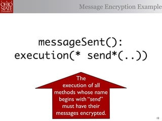 Message Encryption Example




    messageSent():
execution(* send*(..))

              The
        execution of all
      methods whose name
       begins with “send”
        must have their
      messages encrypted.
                                      12
 