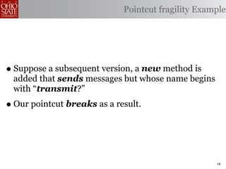 Pointcut fragility Example




• Suppose a subsequent version, a new method is
 added that sends messages but whose name begins
 with “transmit?”
• Our pointcut breaks as a result.


                                                    14
 