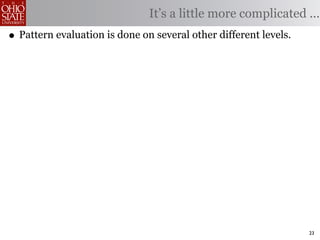 It’s a little more complicated ...
• Pattern evaluation is done on several other different levels.




                                                                  23
 