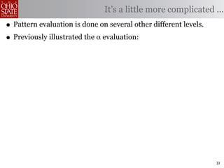 It’s a little more complicated ...
• Pattern evaluation is done on several other different levels.
• Previously illustrated the α evaluation:




                                                                  23
 