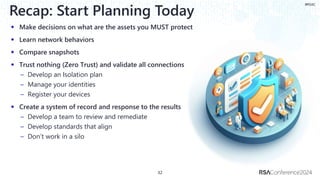 #RSAC
Recap: Start Planning Today
Make decisions on what are the assets you MUST protect
Learn network behaviors
Compare snapshots
Trust nothing (Zero Trust) and validate all connections
– Develop an Isolation plan
– Manage your identities
– Register your devices
Create a system of record and response to the results
– Develop a team to review and remediate
– Develop standards that align
– Don’t work in a silo
32
 
