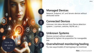#RSAC
Managed Devices
Network, Endpoint, IoT, and Servers devices without
attributed owner
!
Connected Devices
Unknown risk status derived from Device detection
systems ( scanners, switches, NGFW, etc. )
!
Unknown Systems
Devices connect without validation
Reduced to highest risk proposition for manageable
lists
!
Overwhelmed monitoring/tooling
Try new ways/models of training/ways to incentivize
!
How do
we solve
for
 