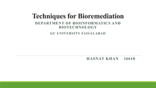 Techniques for Bioremediation
DEPARTMENT OF BIOINFORMATICS AND
BIOTECHNOLOGY
GC UNIVERSITY FAISALABAD
HASNAT KHAN 16618
 