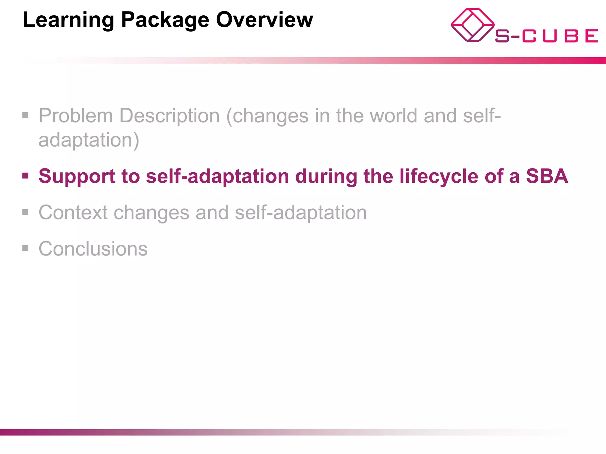 Learning Package Overview



§  Problem Description (changes in the world and self-
    adaptation)
§  Support to self-adaptation during the lifecycle of a SBA
§  Context changes and self-adaptation
§  Conclusions




                                               © Di Nitto, Cappiello, Bucchiarone
 