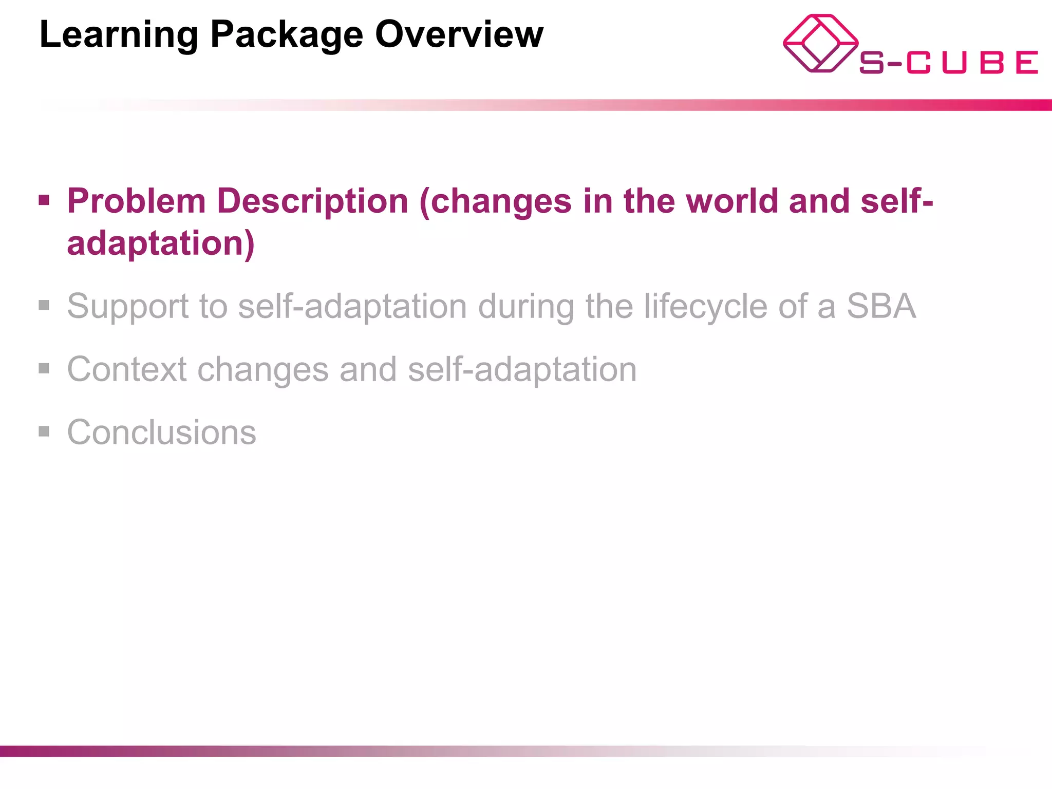 Learning Package Overview



§  Problem Description (changes in the world and self-
    adaptation)
§  Support to self-adaptation during the lifecycle of a SBA
§  Context changes and self-adaptation
§  Conclusions




                                                © Di Nitto, Cappiello, Bucchiarone
 