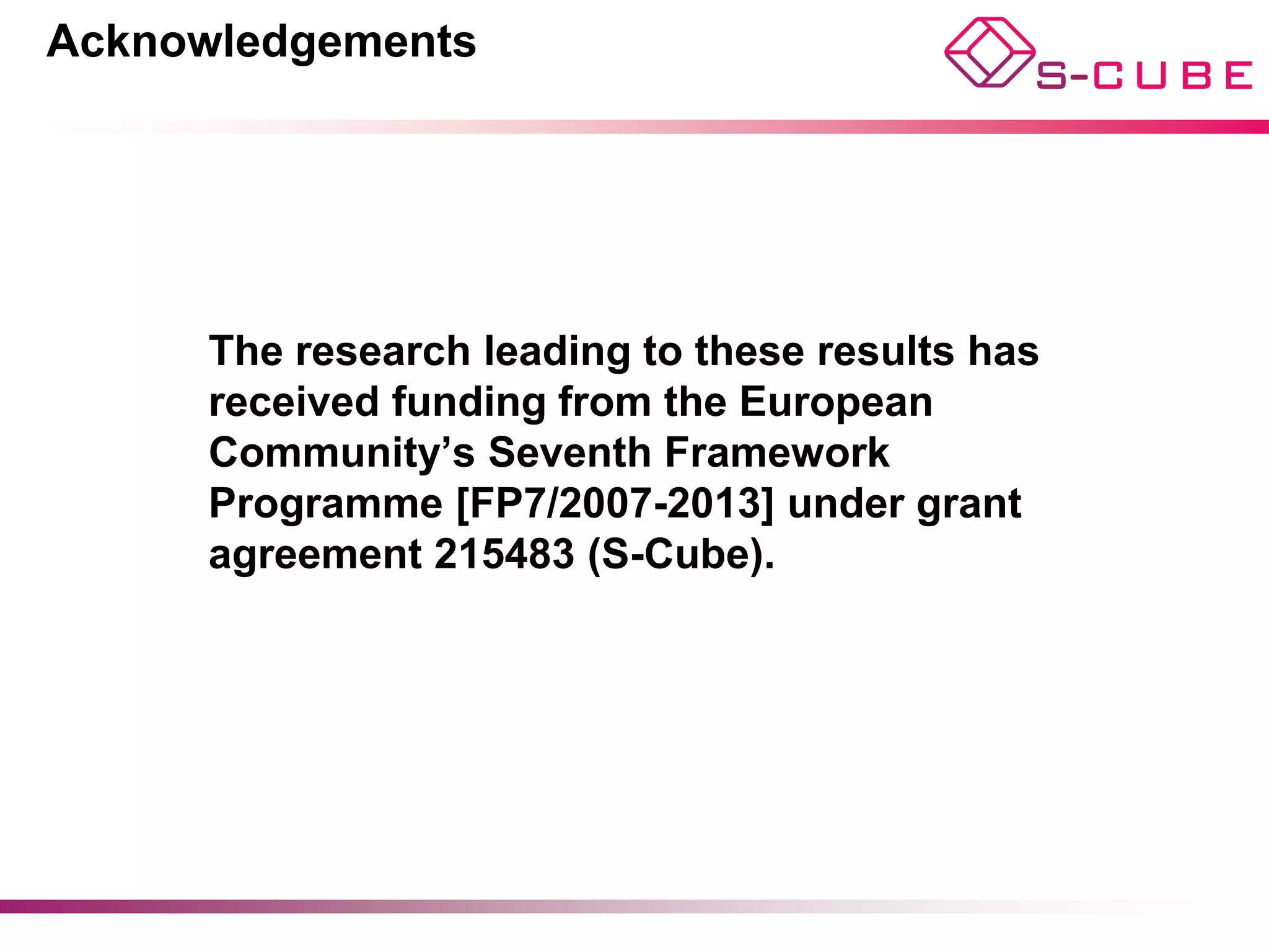 Acknowledgements




      The research leading to these results has
      received funding from the European
      Community’s Seventh Framework
      Programme [FP7/2007-2013] under grant
      agreement 215483 (S-Cube).




                                        © Di Nitto, Cappiello, Bucchiarone
 
