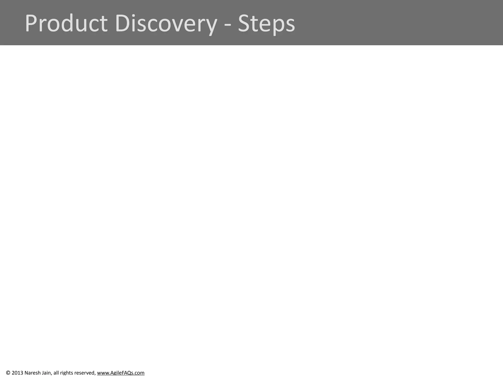 Product 
Discovery 
-­‐ 
Steps 
© 
2013 
Naresh 
Jain, 
all 
rights 
reserved, 
www.AgileFAQs.com 
 
