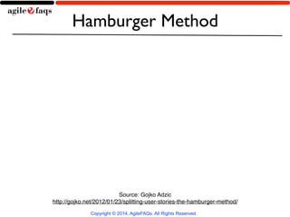 Hamburger Method 
Source: Gojko Adzic! 
http://gojko.net/2012/01/23/splitting-user-stories-the-hamburger-method/ 
Copyright © 2014, AgileFAQs. All Rights Reserved. 
 