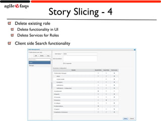 Story Slicing - 4 
Delete existing role 
Delete functionality in UI 
Delete Services for Roles 
Client side Search functionality 
Copyright © 2014, AgileFAQs. All Rights Reserved. 
 