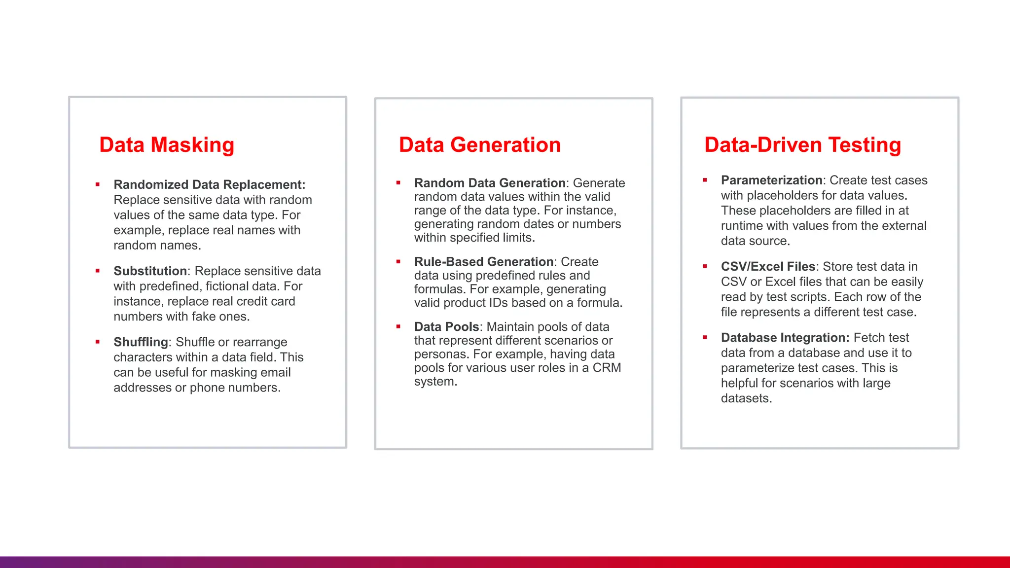 Data Generation Data-Driven Testing
Data Masking
 Randomized Data Replacement:
Replace sensitive data with random
values of the same data type. For
example, replace real names with
random names.
 Substitution: Replace sensitive data
with predefined, fictional data. For
instance, replace real credit card
numbers with fake ones.
 Shuffling: Shuffle or rearrange
characters within a data field. This
can be useful for masking email
addresses or phone numbers.
 Random Data Generation: Generate
random data values within the valid
range of the data type. For instance,
generating random dates or numbers
within specified limits.
 Rule-Based Generation: Create
data using predefined rules and
formulas. For example, generating
valid product IDs based on a formula.
 Data Pools: Maintain pools of data
that represent different scenarios or
personas. For example, having data
pools for various user roles in a CRM
system.
 Parameterization: Create test cases
with placeholders for data values.
These placeholders are filled in at
runtime with values from the external
data source.
 CSV/Excel Files: Store test data in
CSV or Excel files that can be easily
read by test scripts. Each row of the
file represents a different test case.
 Database Integration: Fetch test
data from a database and use it to
parameterize test cases. This is
helpful for scenarios with large
datasets.
 