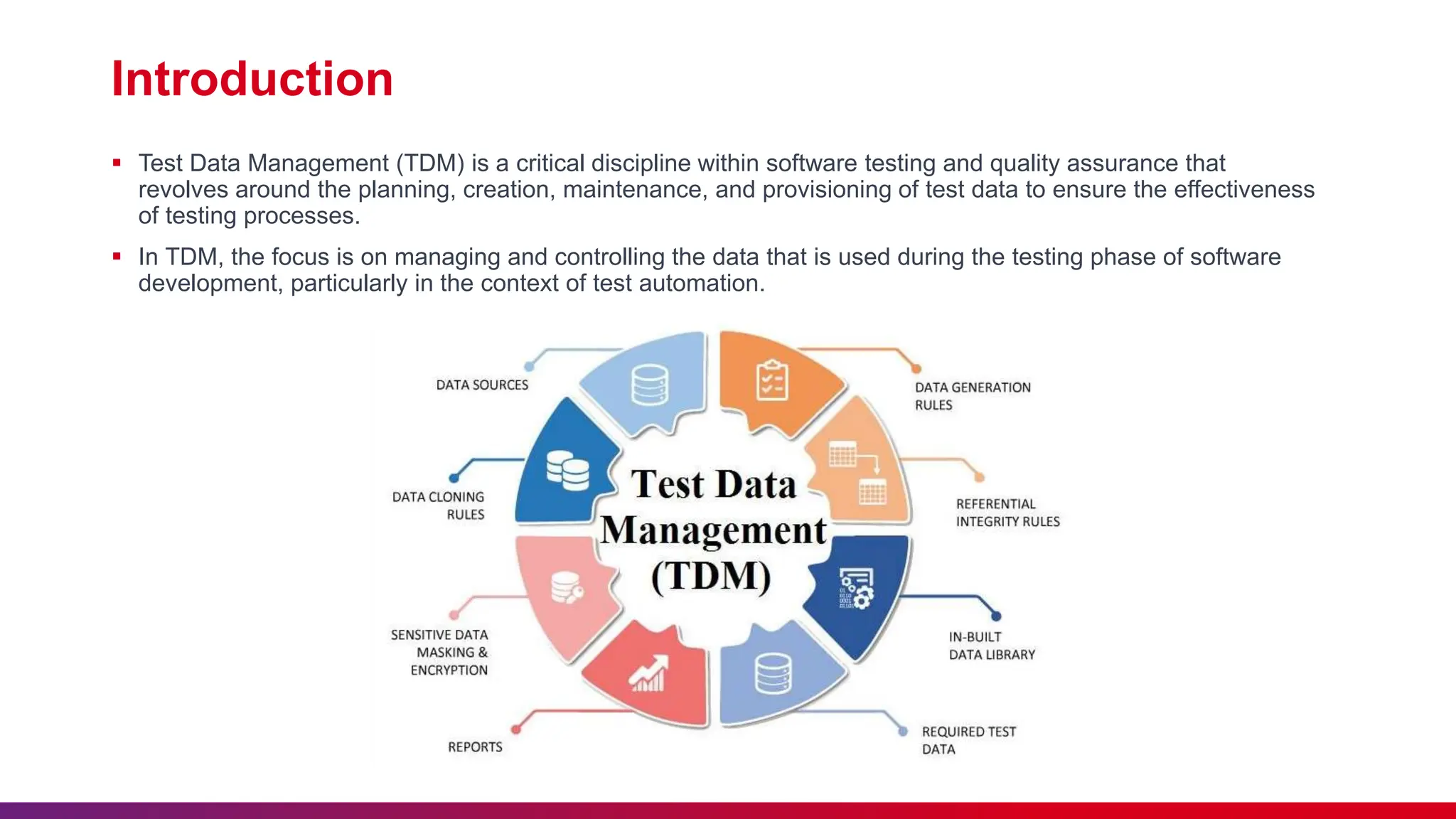 Introduction
 Test Data Management (TDM) is a critical discipline within software testing and quality assurance that
revolves around the planning, creation, maintenance, and provisioning of test data to ensure the effectiveness
of testing processes.
 In TDM, the focus is on managing and controlling the data that is used during the testing phase of software
development, particularly in the context of test automation.
 
