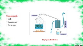 Components
• Still
• Condenser
• Separater
14
Fig.Hydrodistillation
 