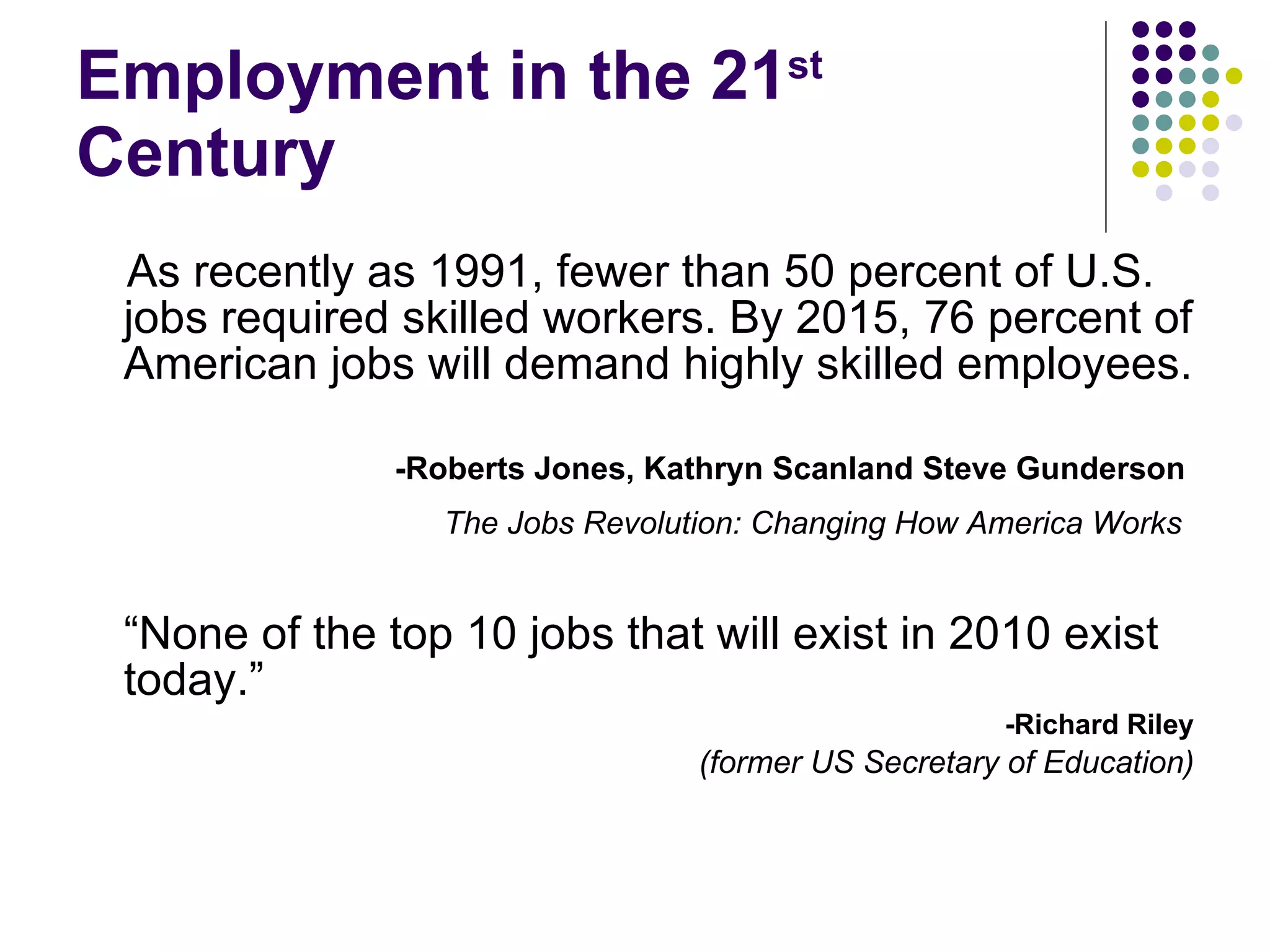 As recently as 1991, fewer than 50 percent of U.S. jobs required skilled workers. By 2015, 76 percent of American jobs will demand highly skilled employees. -Roberts Jones, Kathryn Scanland Steve Gunderson   The Jobs Revolution: Changing How America Works   “ None of the top 10 jobs that will exist in 2010 exist today.”  -Richard Riley (former US Secretary of Education) Employment in the 21 st  Century 