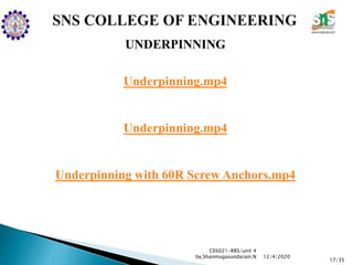UNDERPINNING
Underpinning.mp4
Underpinning.mp4
Underpinning with 60R Screw Anchors.mp4
CE6021-RRS/unit 4
by,Shanmugasundaram.N
17/35
12/4/2020
 