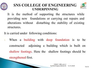 UNDERPINNING
It is the method of supporting the structures while
providing new foundations or carrying out repairs and
alterations without disturbing the stability of existing
structures.
It is carried under following conditions:
1. When a building with deep foundation is to be
constructed adjoining a building which is built on
shallow footings. Here the shallow footings should be
strengthened first.
CE6021-RRS/unit 4
by,Shanmugasundaram.N
18/35
12/4/2020
 