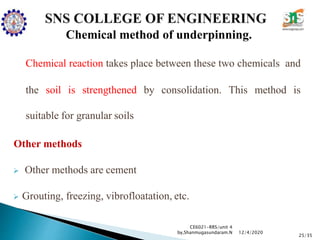 Chemical method of underpinning.
Chemical reaction takes place between these two chemicals and
the soil is strengthened by consolidation. This method is
suitable for granular soils
Other methods
 Other methods are cement
 Grouting, freezing, vibrofloatation, etc.
CE6021-RRS/unit 4
by,Shanmugasundaram.N
25/35
12/4/2020
 