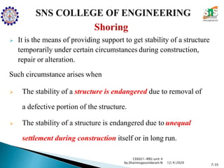 Shoring
 It is the means of providing support to get stability of a structure
temporarily under certain circumstances during construction,
repair or alteration.
Such circumstance arises when
 The stability of a structure is endangered due to removal of
a defective portion of the structure.
 The stability of a structure is endangered due to unequal
settlement during construction itself or in long run.
CE6021-RRS/unit 4
by,Shanmugasundaram.N
7/35
12/4/2020
 