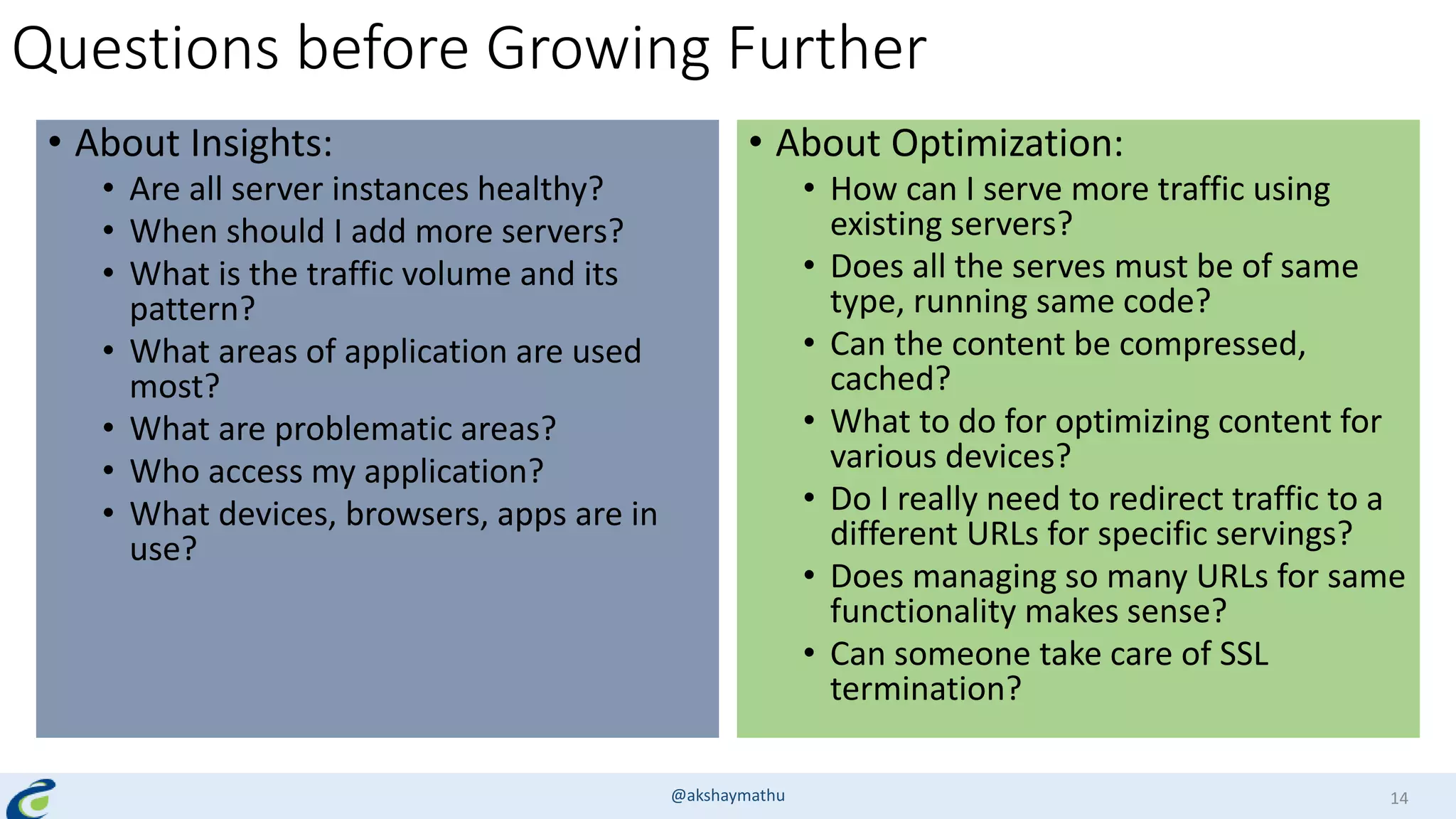 Questions before Growing Further
• About Insights:
• Are all server instances healthy?
• When should I add more servers?
• What is the traffic volume and its
pattern?
• What areas of application are used
most?
• What are problematic areas?
• Who access my application?
• What devices, browsers, apps are in
use?
• About Optimization:
• How can I serve more traffic using
existing servers?
• Does all the serves must be of same
type, running same code?
• Can the content be compressed,
cached?
• What to do for optimizing content for
various devices?
• Do I really need to redirect traffic to a
different URLs for specific servings?
• Does managing so many URLs for same
functionality makes sense?
• Can someone take care of SSL
termination?
@akshaymathu 14
 