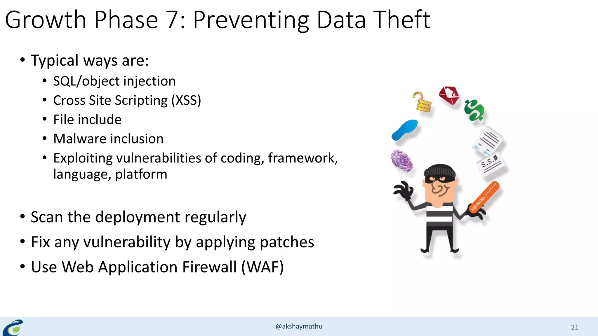 Growth Phase 7: Preventing Data Theft
• Typical ways are:
• SQL/object injection
• Cross Site Scripting (XSS)
• File include
• Malware inclusion
• Exploiting vulnerabilities of coding, framework,
language, platform
• Scan the deployment regularly
• Fix any vulnerability by applying patches
• Use Web Application Firewall (WAF)
@akshaymathu 21
 