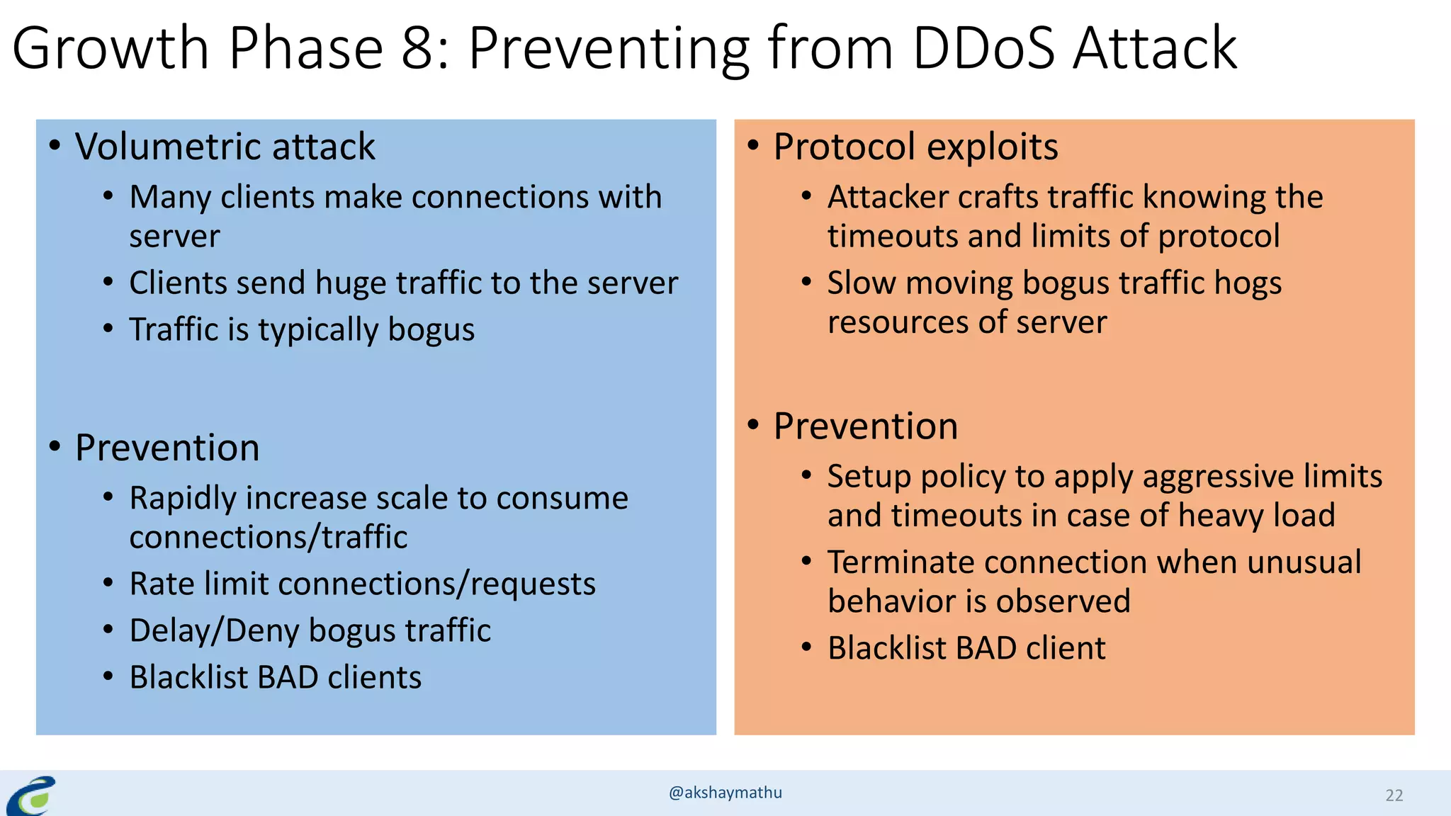 Growth Phase 8: Preventing from DDoS Attack
• Volumetric attack
• Many clients make connections with
server
• Clients send huge traffic to the server
• Traffic is typically bogus
• Prevention
• Rapidly increase scale to consume
connections/traffic
• Rate limit connections/requests
• Delay/Deny bogus traffic
• Blacklist BAD clients
• Protocol exploits
• Attacker crafts traffic knowing the
timeouts and limits of protocol
• Slow moving bogus traffic hogs
resources of server
• Prevention
• Setup policy to apply aggressive limits
and timeouts in case of heavy load
• Terminate connection when unusual
behavior is observed
• Blacklist BAD client
@akshaymathu 22
 