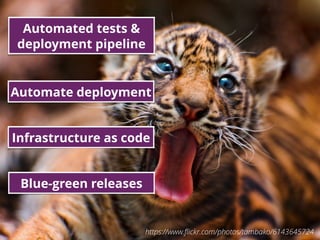 36https://www.ﬂickr.com/photos/tambako/6143645724
Automated tests &
deployment pipeline
Automate deployment
Infrastructure as code
Blue-green releases
 
