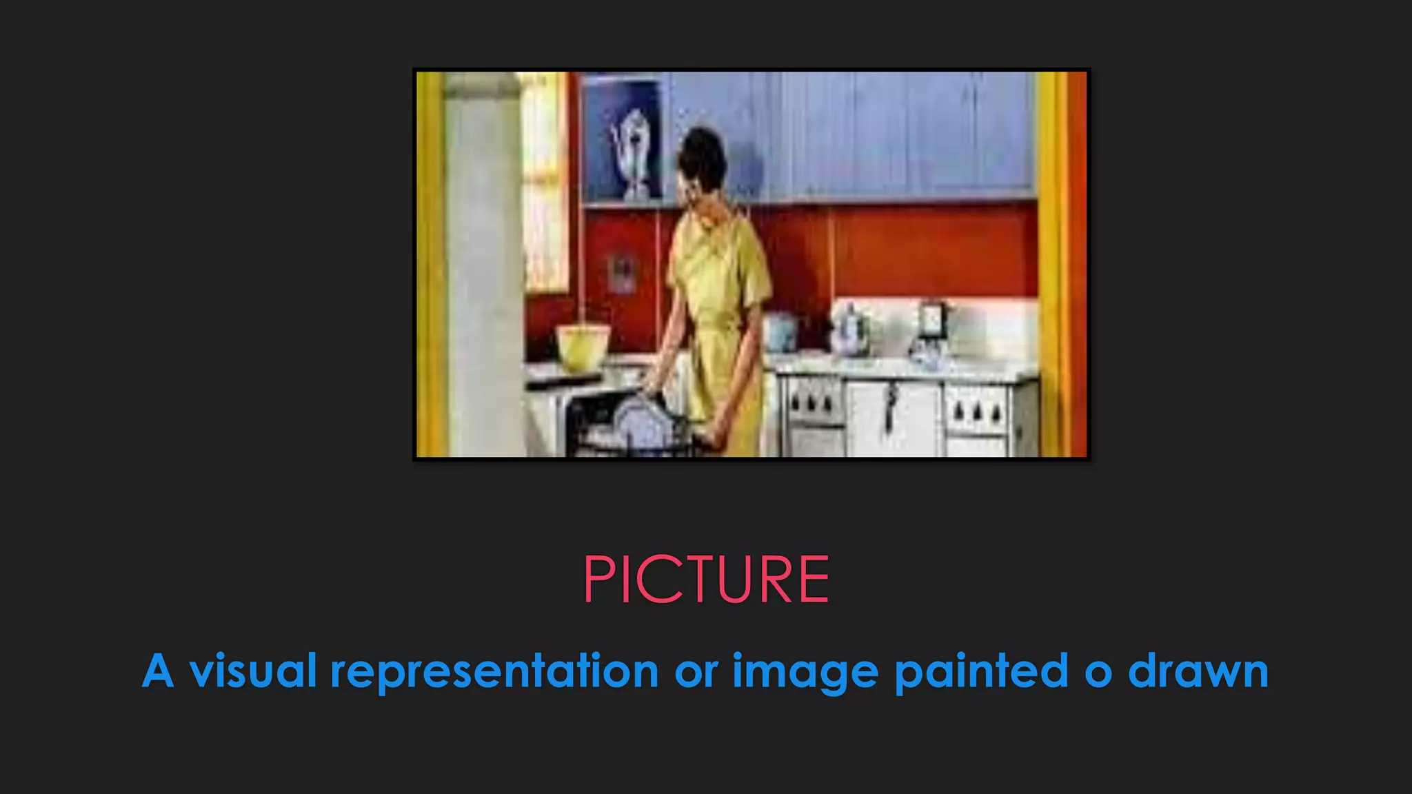 PICTURE
A visual representation or image painted o drawn