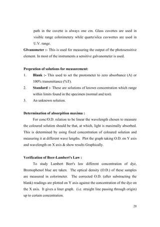 path in the cuvette is always one cm. Glass cuvettes are used in
visible range colorimetery while quartz/silca cuvwettes are used in
U.V. range.
Glvanometer :- This is used for measuring the output of the photosensitive
element. In most of the instruments a sensitive galvanometer is used.

Prepration of solutions for measurement:
1.

Blank :- This used to set the pnotometer to zero absorbance (A) or
100% transmittance (%T).

2.

Standard :- These are solutions of known concentration which range
within limits found in the specimen (normal and test).

3.

An unknown solution.

Determination of absorpition maxima :
For conc/O.D. relation to be linear the wavelength chosen to measure
the coloured solution should be that, at which, light is maximally absorbed.
This is determined by using fixed concentration of coloured solution and
measuring it at different wave lengths. Plot the graph taking O.D. on Y axis
and wavelength on X axis & show results Graphically.

Verification of Beer-Lambert's Law :
To study Lambert Beer's law different concentration of dye,
Bromophenol blue are taken. The optical density (O.D.) of these samples
are measured in colorimeter. The corrected O.D. (after substracting the
blank) readings are plotted on Y axis against the concentration of the dye on
the X axis. It gives a liner graph. (i.e. straight line passing through origin)
up to certain concentration.
20

 
