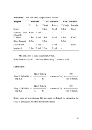 Procedure : Label test-tubes and proceed as follows :
Reagent

Standard

Total Bilirubin

Conj. Bilirubin

S
Serum

SC

T (tot)

T (tot)C

T (Conj)

T (conj)C

-

-

0.2ml

0.2ml

0.2ml

0.2ml

-

-

-

1.8ml

4.3ml

4.3ml

-

0.5ml

-

0.5ml

-

0.5ml

2.5ml

-

-

Standard Soln. 0.2ml 0.2ml (10mg/dl)
D. Water
1.8ml 1.8ml 1.8ml
Diaze Reagent

0.5ml -

0.5ml

Diazo Blank

-

Methanol

2.5ml 2.5ml 2.5ml

0.5ml -

Mix and allow to stand in dark for 30 min.
Read absorbance in next 10 min at 540nm using D. water as blank.

Calculation :
T(tot)-T (tot)c
Total S. Bilirubin =
(mg/dL)

100
x Amount of std, x

S

-

Sc

Vol. of Serum

T(tot)-T (tot)c
Conj. S. Bilirubin =
(mg/dL)

100
x Amount of std, x

S

-

Sc

Vol. of Serum

Serum value of unconjugated bilirubin may be derived by subtracting the
value of conjugated bilirubin from total bilirubin.

68

 