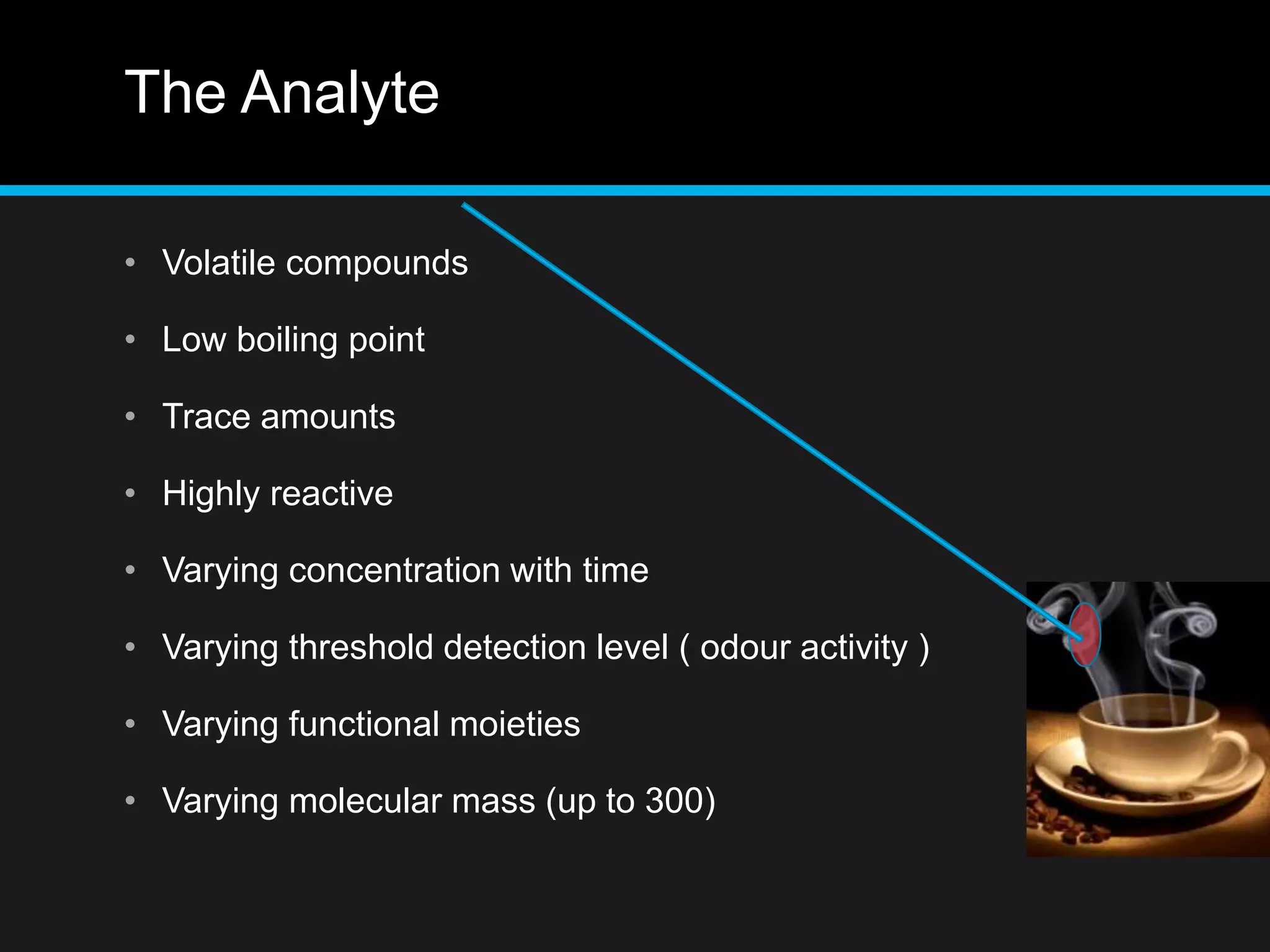 The Analyte
• Volatile compounds
• Low boiling point
• Trace amounts
• Highly reactive
• Varying concentration with time
• Varying threshold detection level ( odour activity )
• Varying functional moieties
• Varying molecular mass (up to 300)
 