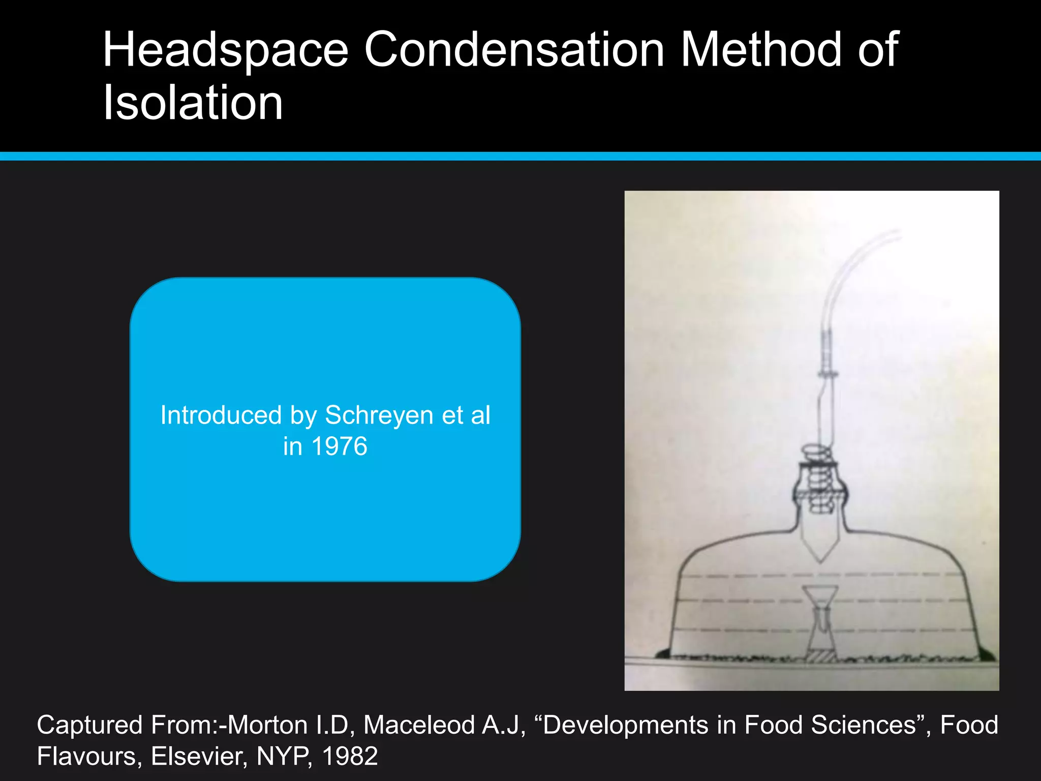 Headspace Condensation Method of
Isolation
Captured From:-Morton I.D, Maceleod A.J, “Developments in Food Sciences”, Food
Flavours, Elsevier, NYP, 1982
Introduced by Schreyen et al
in 1976
 