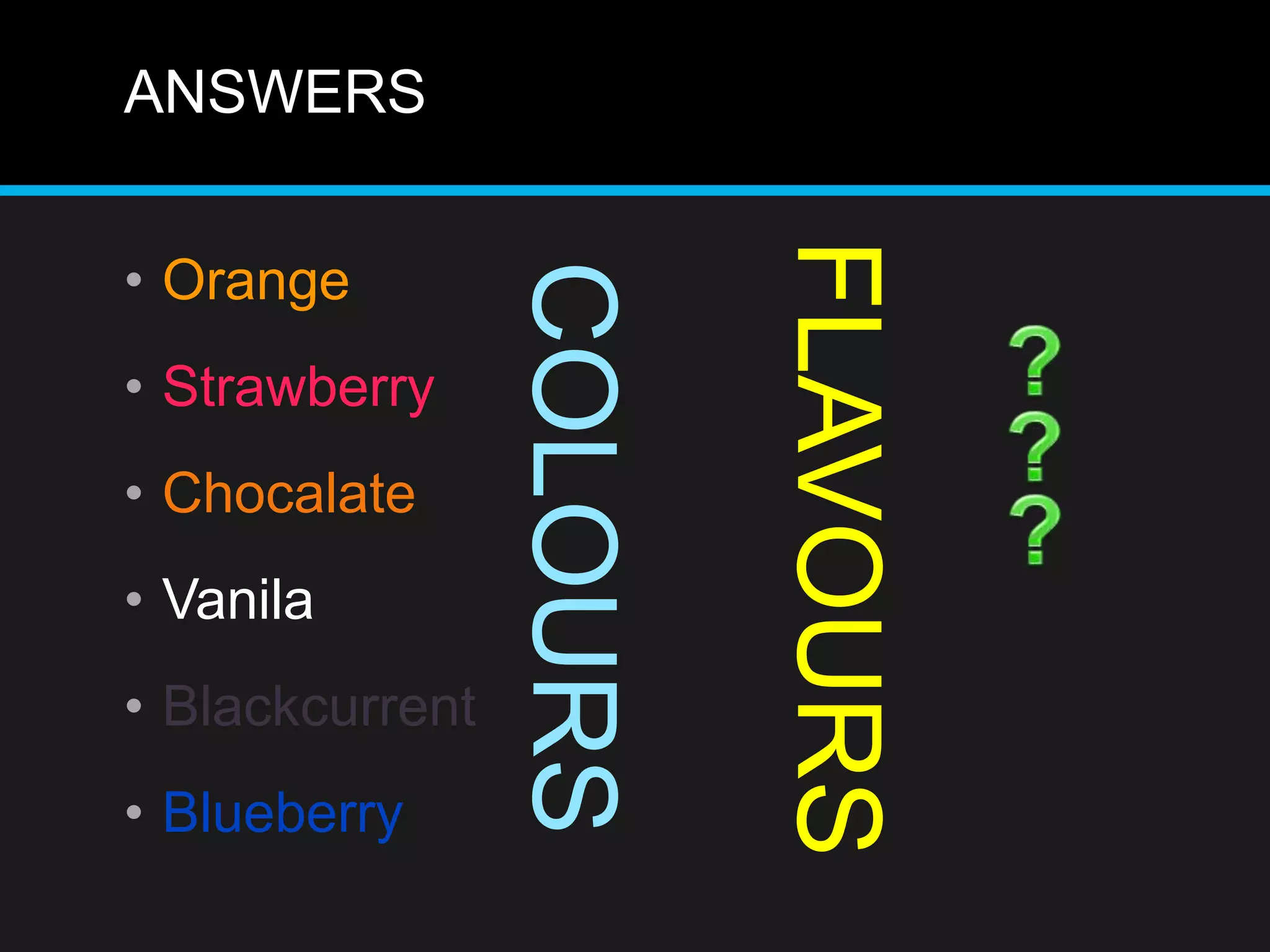 ANSWERS
• Orange
• Strawberry
• Chocalate
• Vanila
• Blackcurrent
• Blueberry
FLAVOURS
COLOURS
 