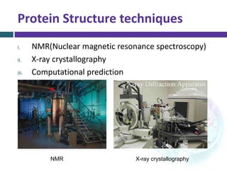 Protein Structure techniques
I. NMR(Nuclear magnetic resonance spectroscopy)
II. X-ray crystallography
III. Computational prediction
NMR X-ray crystallography
 