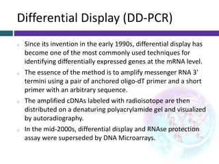 Differential Display (DD-PCR)
o Since its invention in the early 1990s, differential display has
become one of the most commonly used techniques for
identifying differentially expressed genes at the mRNA level.
o The essence of the method is to amplify messenger RNA 3'
termini using a pair of anchored oligo-dT primer and a short
primer with an arbitrary sequence.
o The amplified cDNAs labeled with radioisotope are then
distributed on a denaturing polyacrylamide gel and visualized
by autoradiography.
o In the mid-2000s, differential display and RNAse protection
assay were superseded by DNA Microarrays.
 