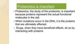 Proteomics is important
 Proteomics, the study of the proteome, is important
because proteins represent the actual functional
molecules in the cell.
 When mutations occur in the DNA, it is the proteins
that are ultimately affected.
 Drugs, when they have beneficial effects, do so by
interacting with proteins.
 