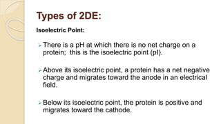 Types of 2DE:
Isoelectric Point:
There is a pH at which there is no net charge on a
protein; this is the isoelectric point (pI).
Above its isoelectric point, a protein has a net negative
charge and migrates toward the anode in an electrical
field.
Below its isoelectric point, the protein is positive and
migrates toward the cathode.
 