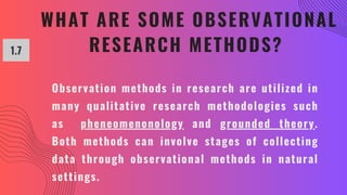 WHAT ARE SOME OBSERVATIONAL
RESEARCH METHODS?
1.7
Observation methods in research are utilized in
many qualitative research methodologies such
as pheneomenonology and grounded theory.
Both methods can involve stages of collecting
data through observational methods in natural
settings.
 