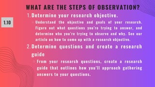WHAT ARE THE STEPS OF OBSERVATION?
1.10
Determine your research objective.
1.
Understand the objective and goals of your research.
Figure out what questions you’re trying to answer, and
determine who you’re trying to observe and why. See our
article on how to come up with a research objective.
Determine questions and create a research
guide
2.
From your research questions, create a research
guide that outlines how you’ll approach gathering
answers to your questions.
 